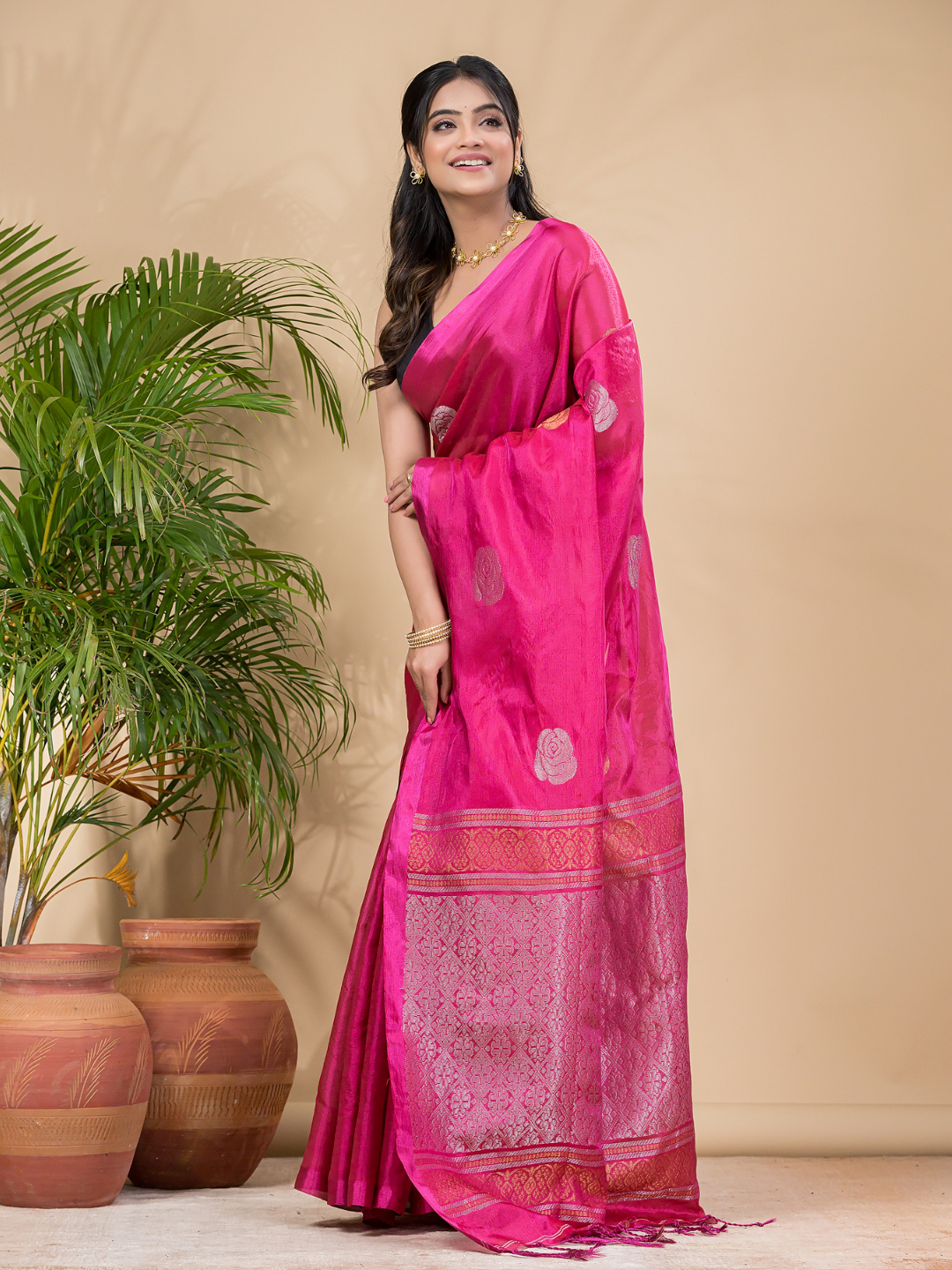 Tissue Silk Saree With Shaded Deep Pink - 034