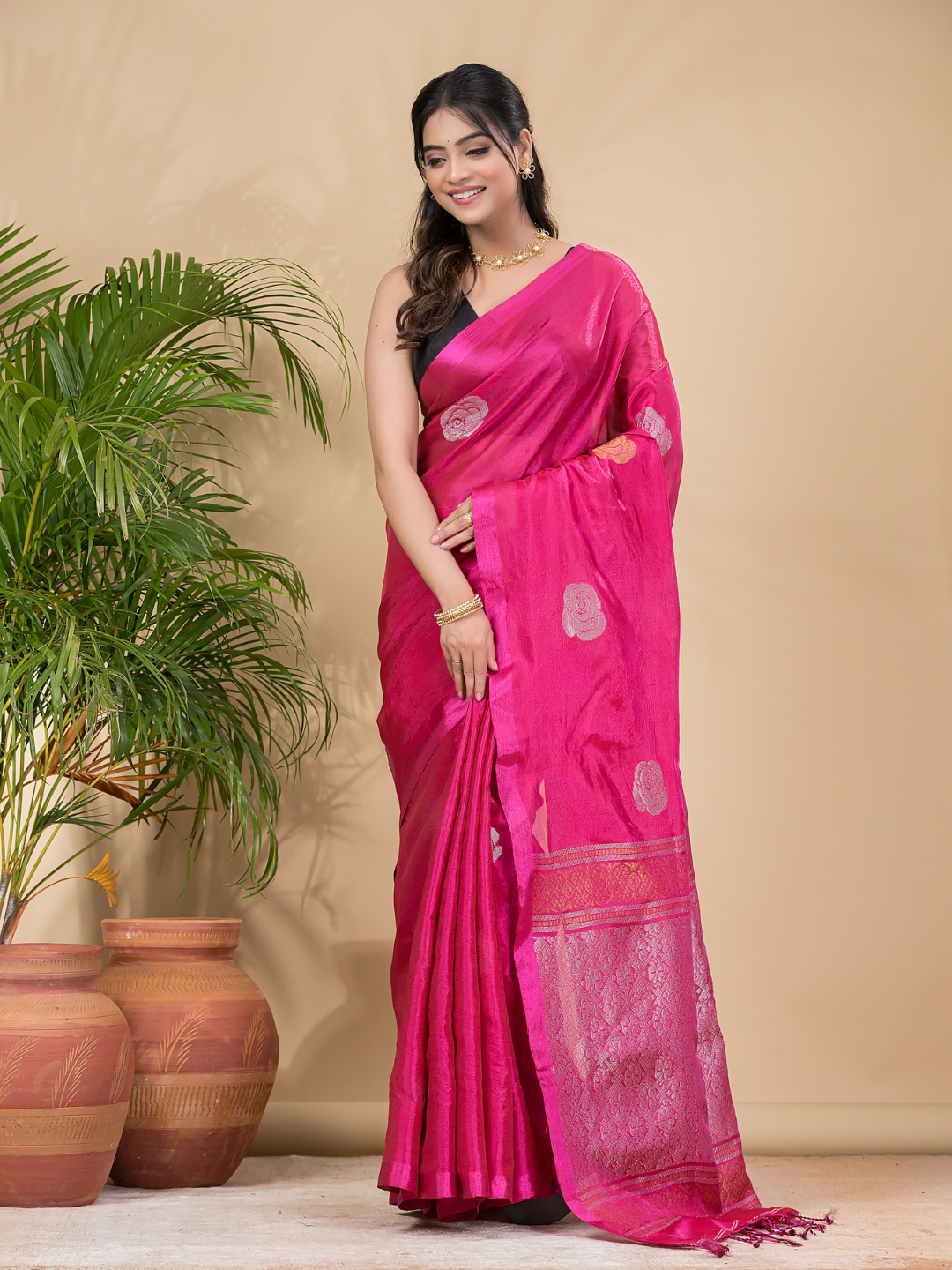 Tissue Silk Saree With Shaded Deep Pink - 034