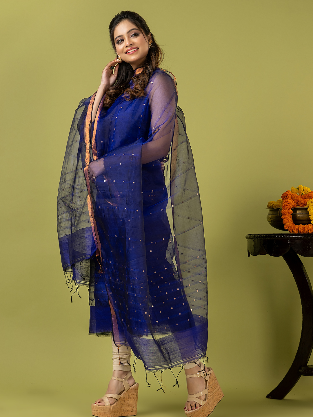 Handwoven Jamdani Muslin Unstitched 2-piece Kurti | Royal Blue