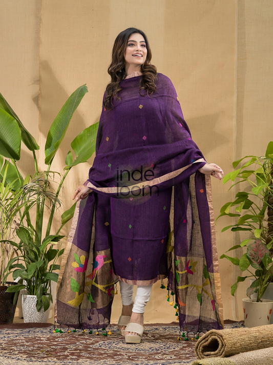Handwoven Jamdani Muslin Unstitched 2-piece Kurti  |  Indigo Purple