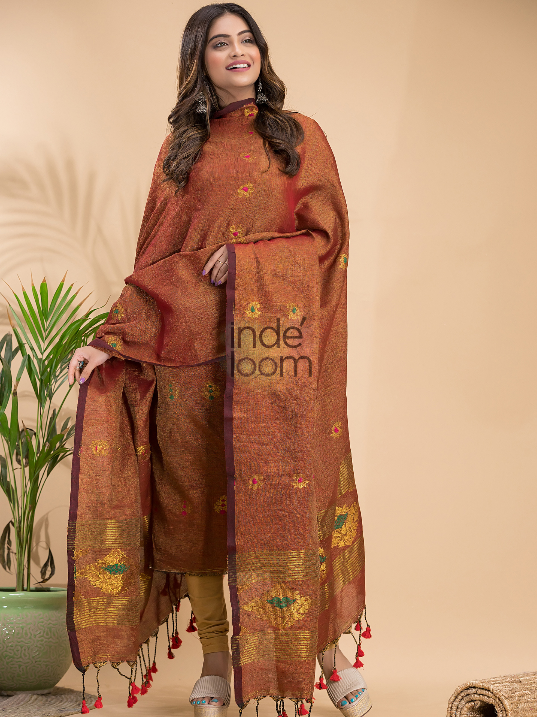 Rust Orange Tissue Linen 2-Piece Set Kurti & Dupatta (UNSTITCHED) - 037