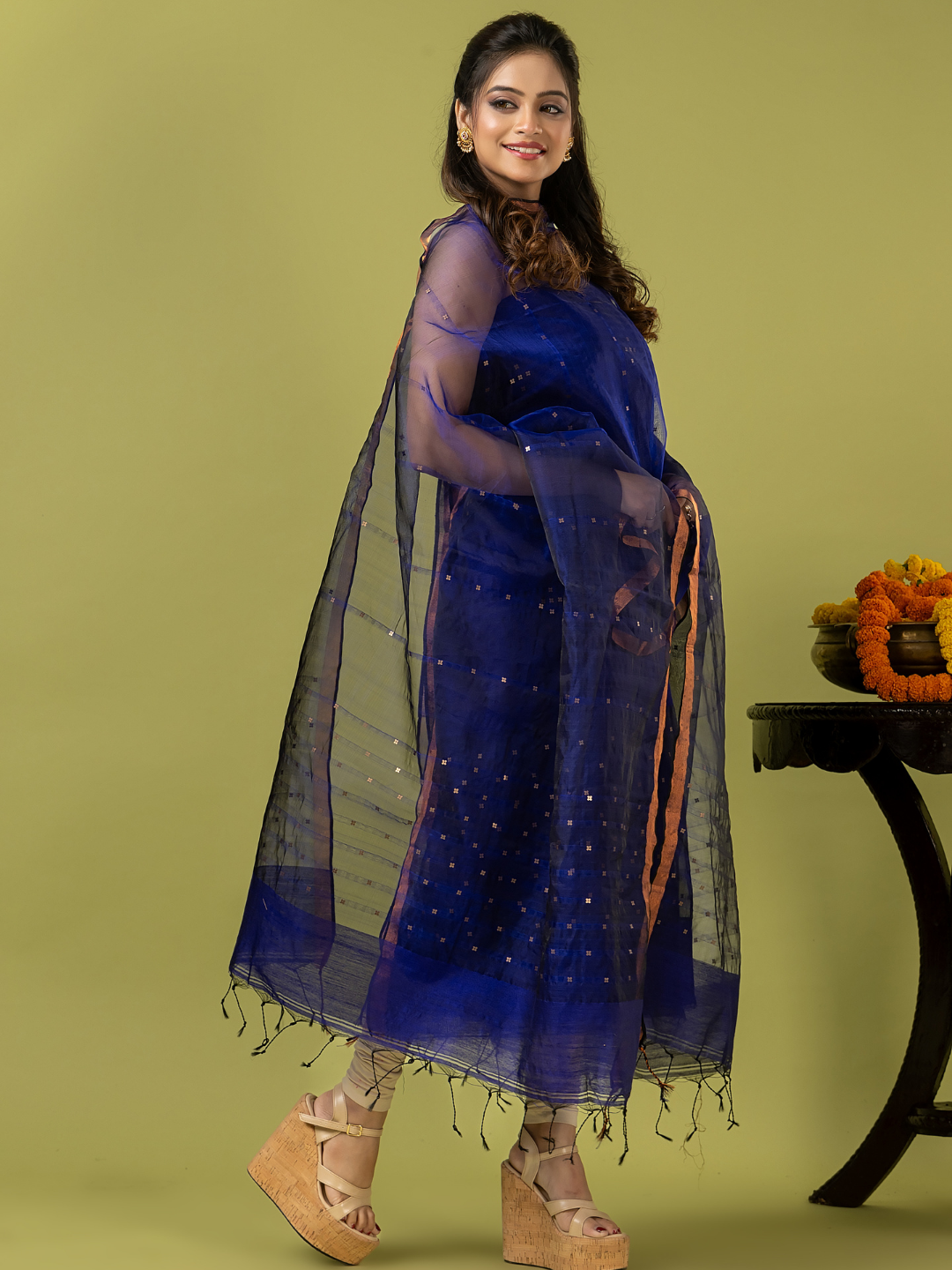 Handwoven Jamdani Muslin Unstitched 2-piece Kurti | Royal Blue