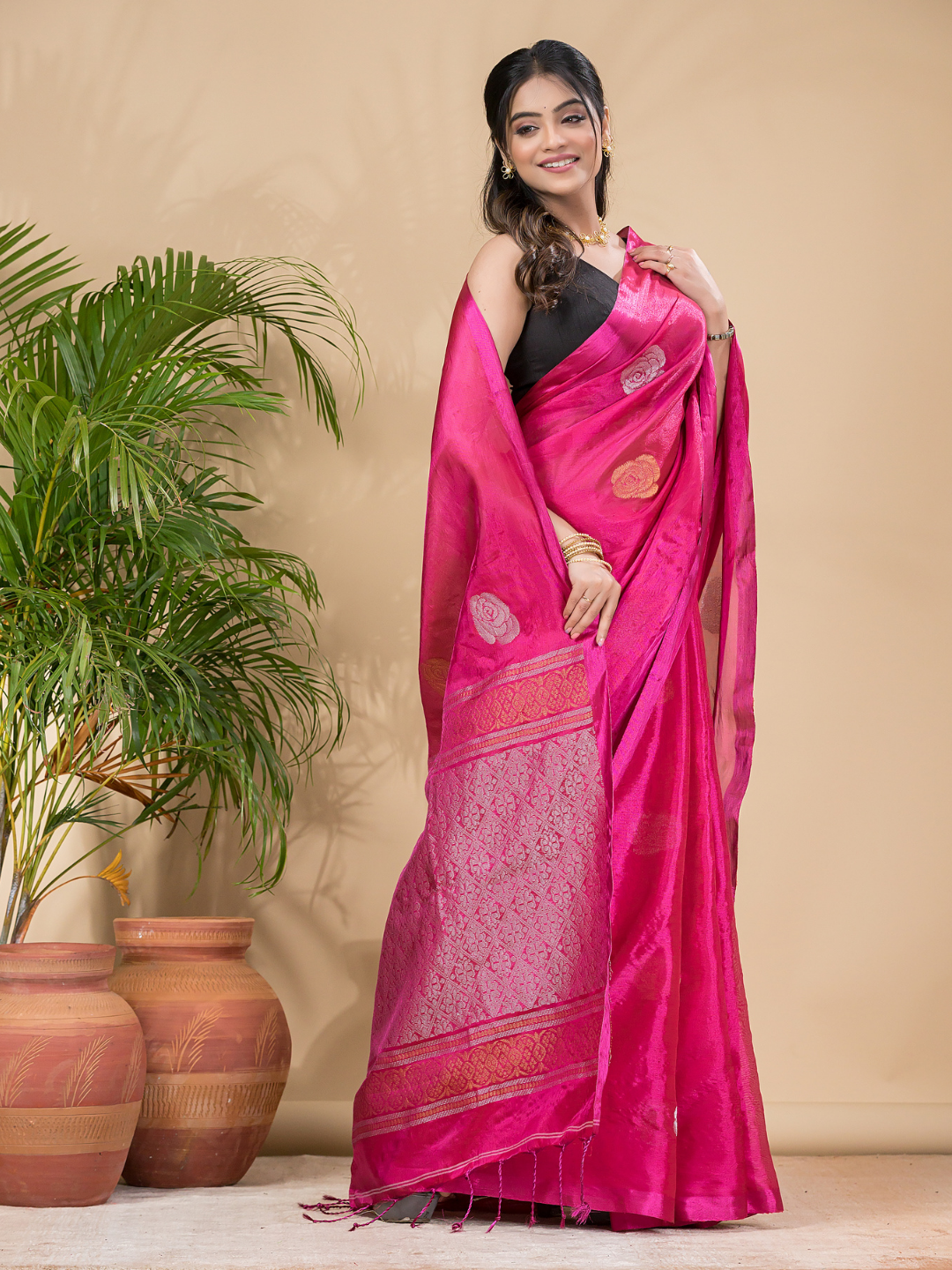 Tissue Silk Saree With Shaded Deep Pink - 034
