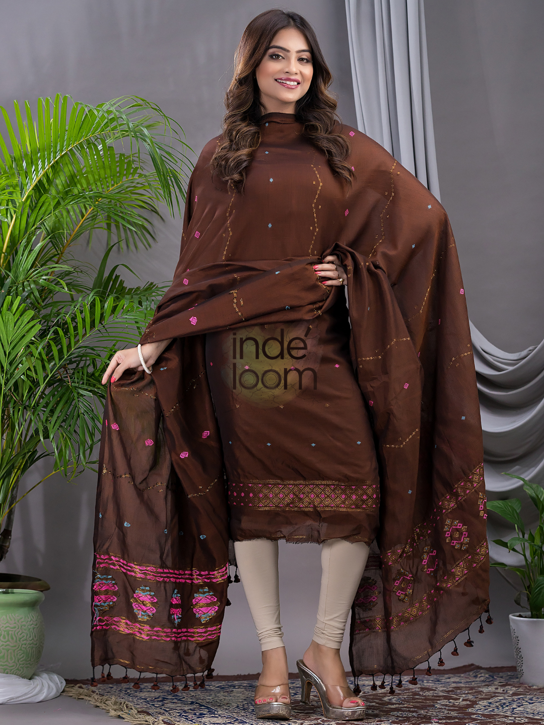 Umber Brown 120 Count Cotton Jamdani 2-Piece Set Kurti & Dupatta (UNSTITCHED) - 137