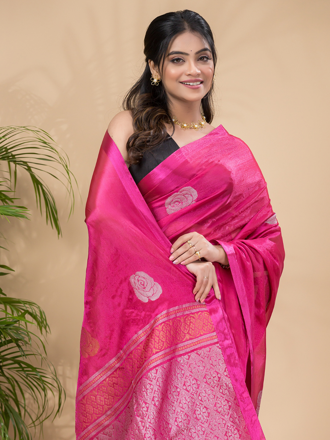 Tissue Silk Saree With Shaded Deep Pink - 034