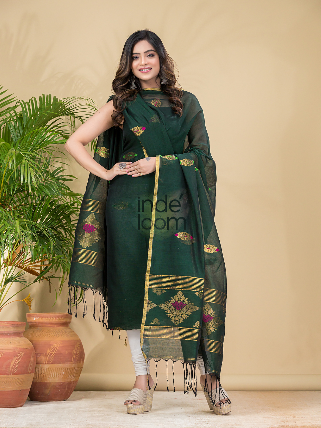 Pine Green Mercerised Cotton Meenakari Motif 2-Piece Kurti & Dupatta (UNSTITCHED)-872