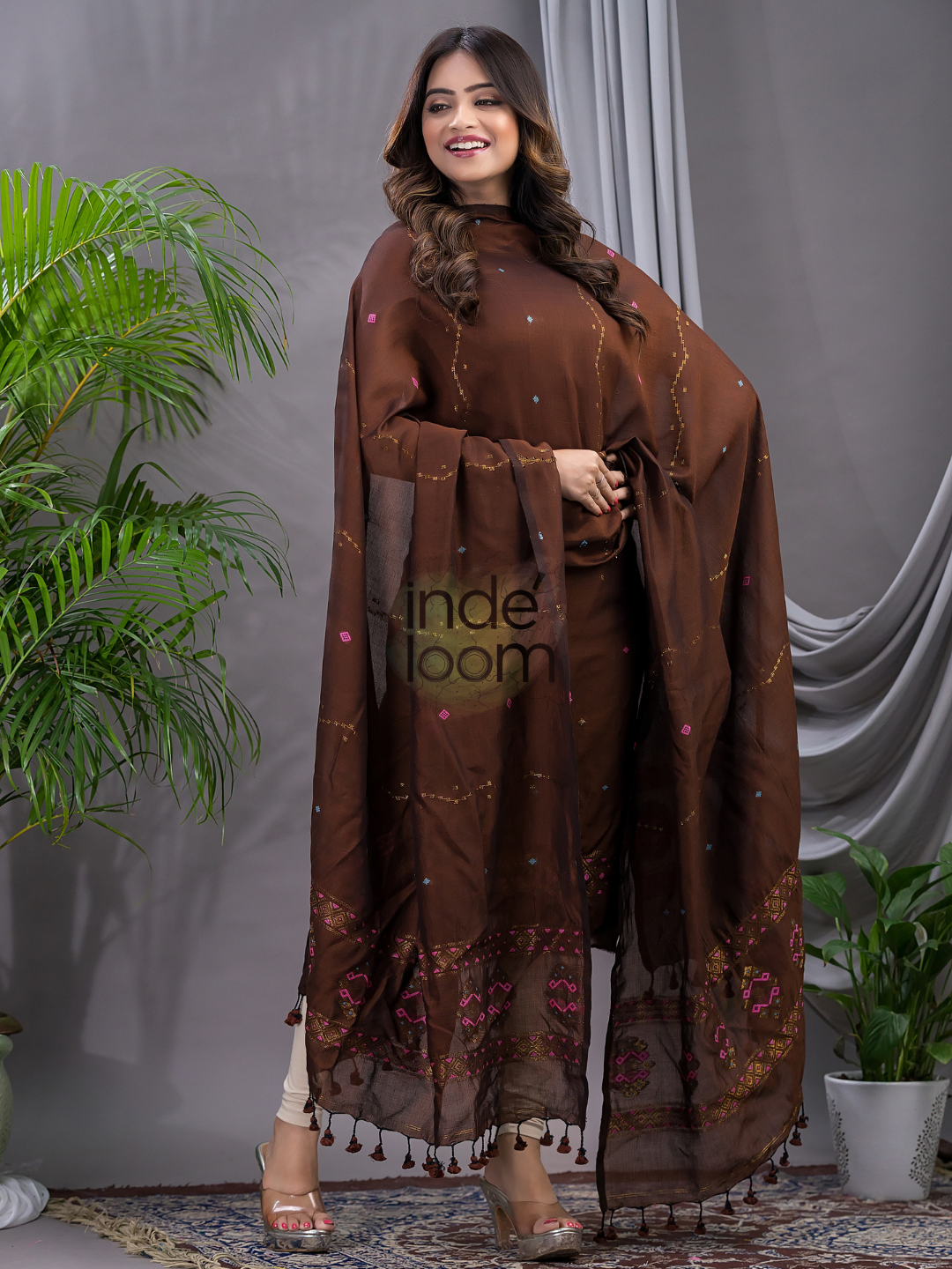 Umber Brown 120 Count Cotton Jamdani 2-Piece Set Kurti & Dupatta (UNSTITCHED) - 137