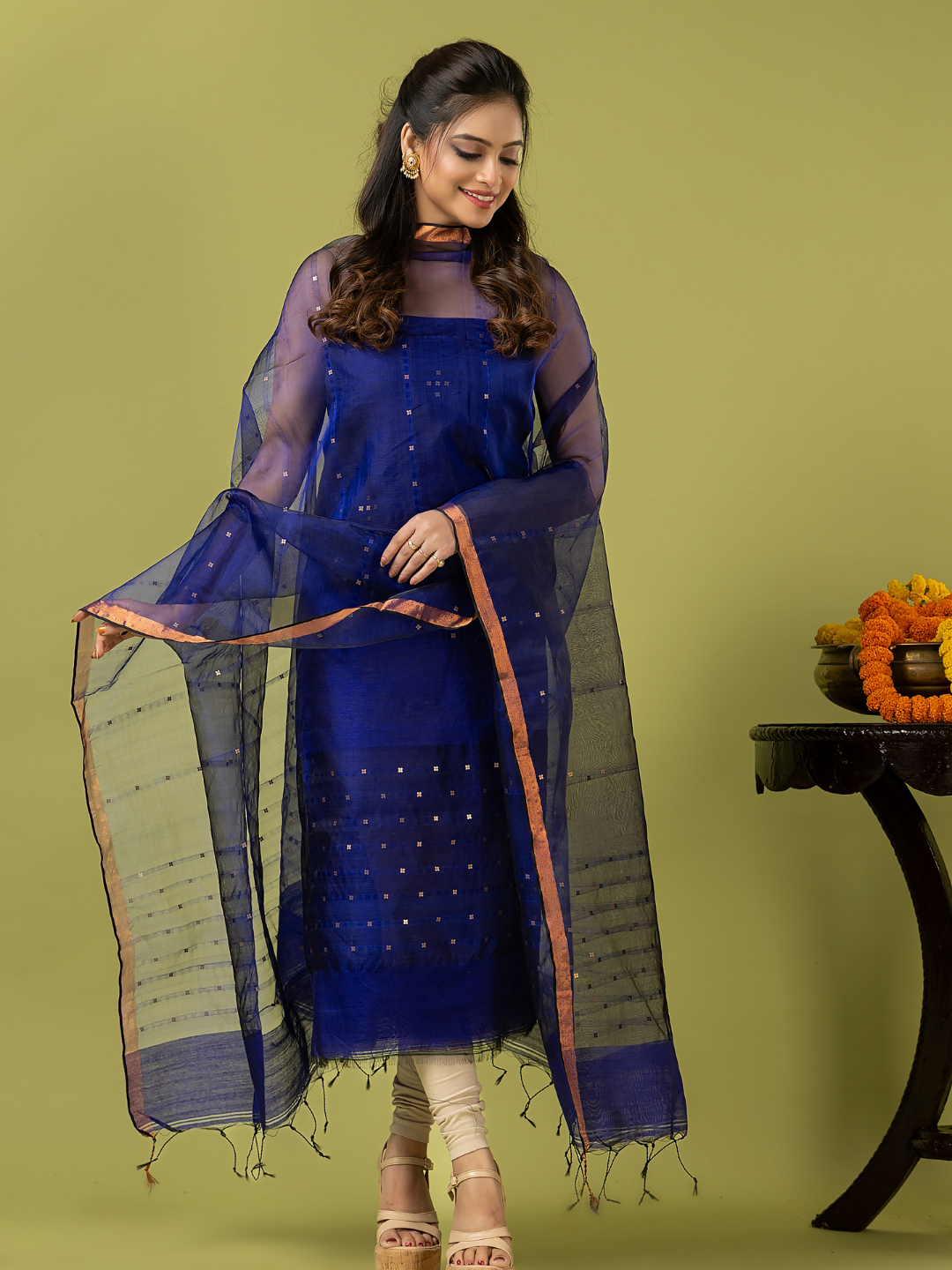Handwoven Jamdani Muslin Unstitched 2-piece Kurti | Royal Blue