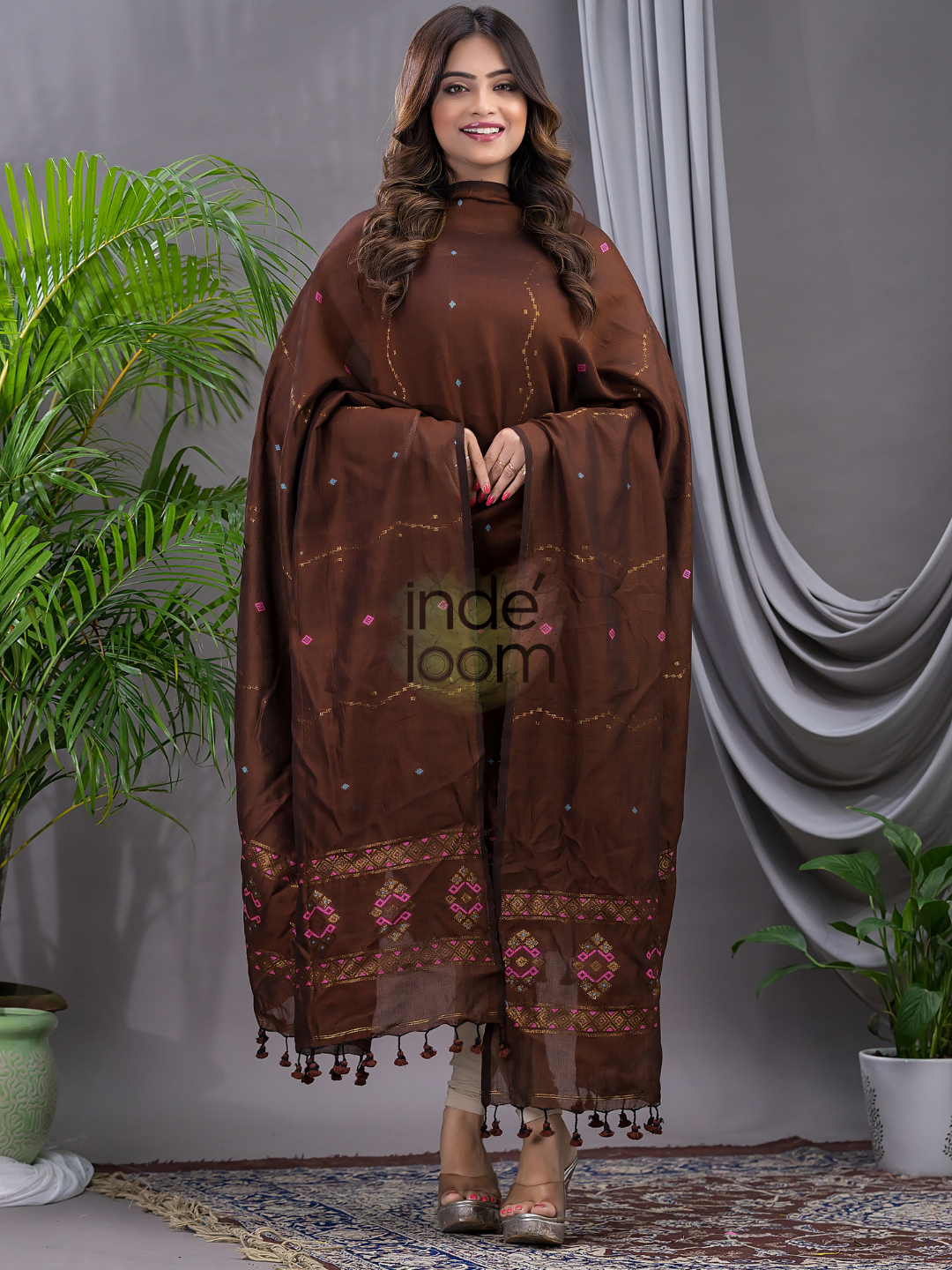 Umber Brown 120 Count Cotton Jamdani 2-Piece Set Kurti & Dupatta (UNSTITCHED) - 137