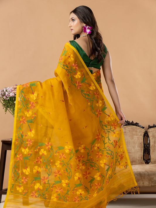 Handwoven Jamdani Muslin Silk Saree | Mustard Yellow