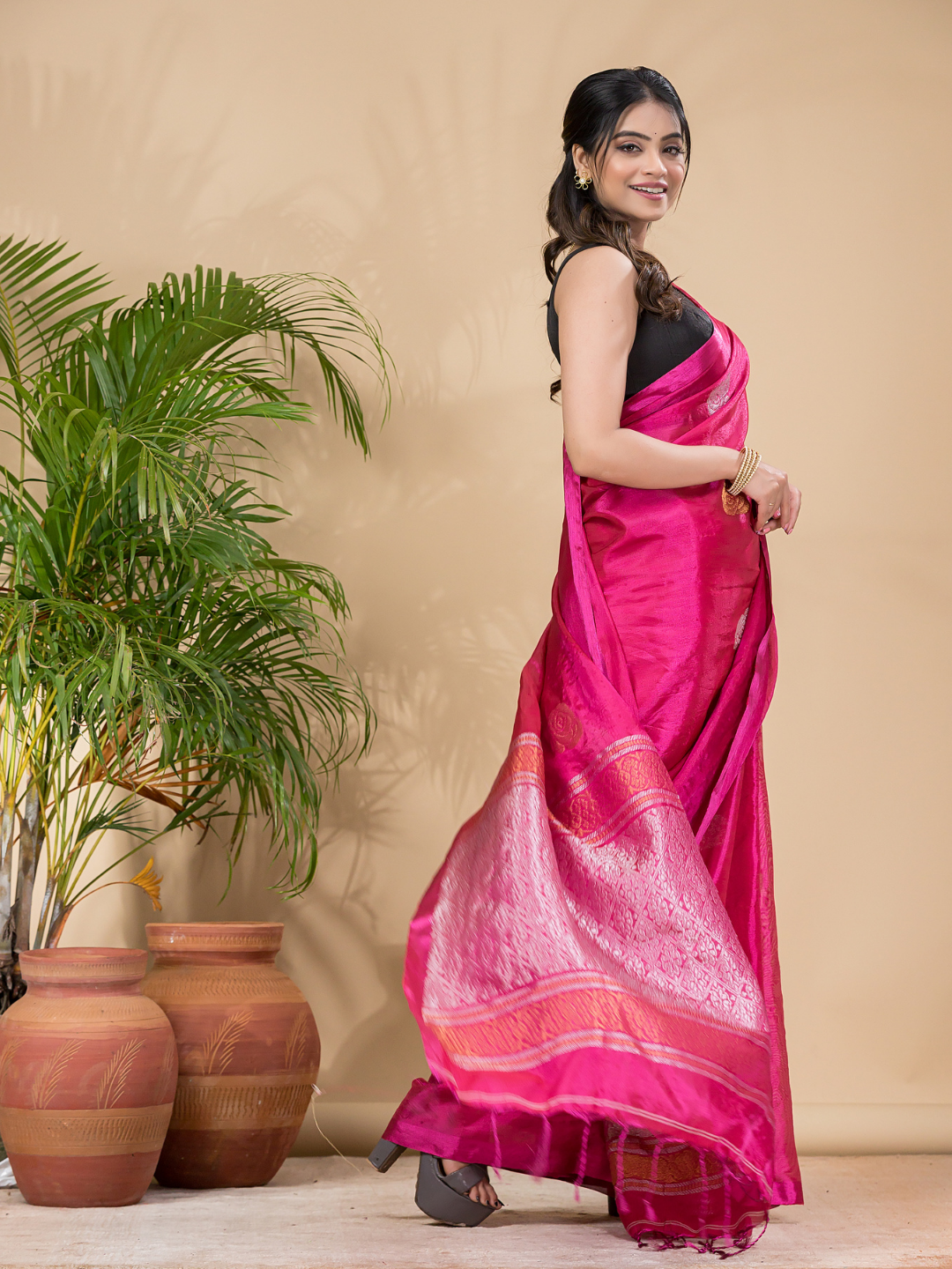 Tissue Silk Saree With Shaded Deep Pink - 034
