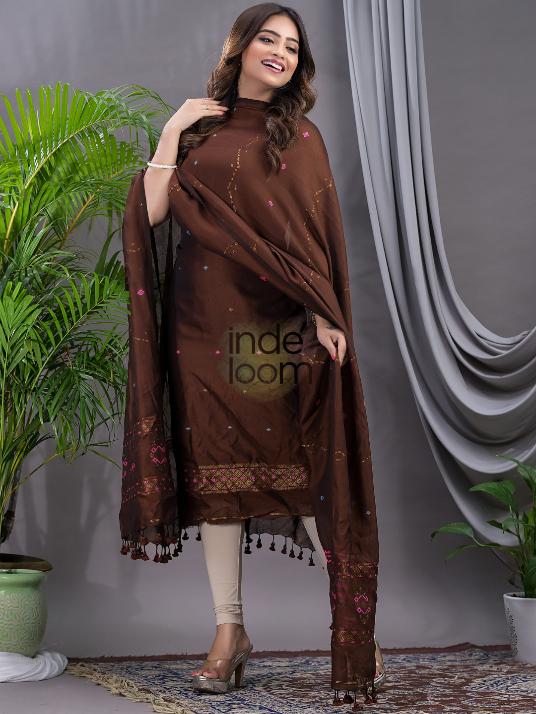 Umber Brown 120 Count Cotton Jamdani 2-Piece Set Kurti & Dupatta (UNSTITCHED) - 137