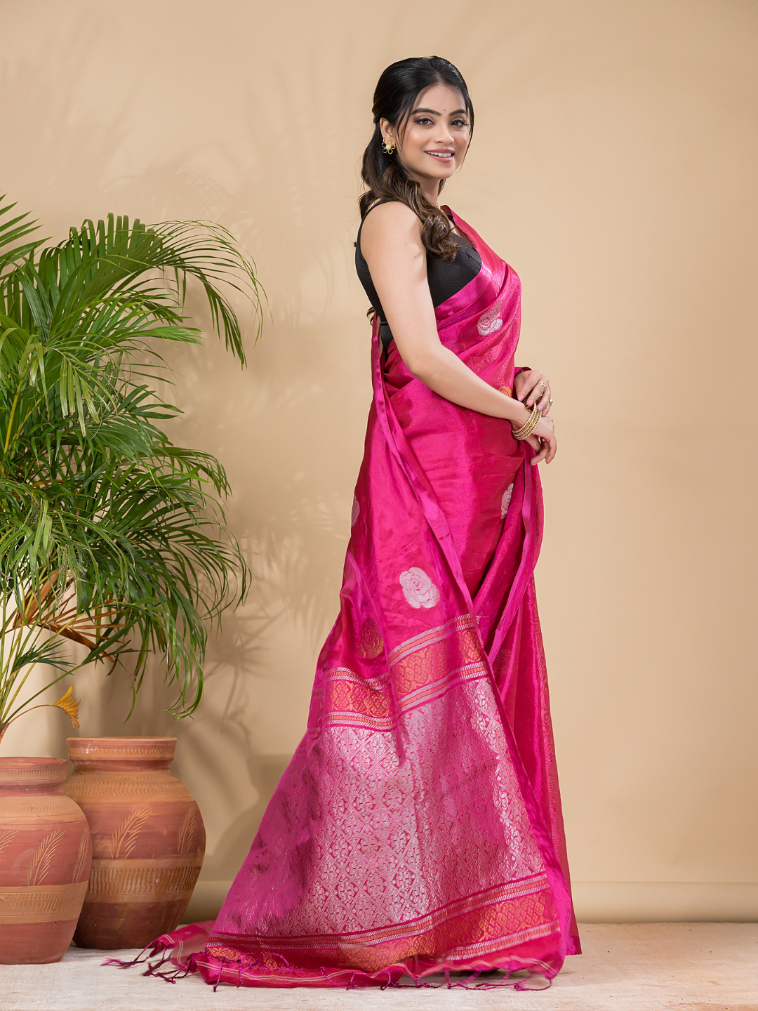Tissue Silk Saree With Shaded Deep Pink - 034
