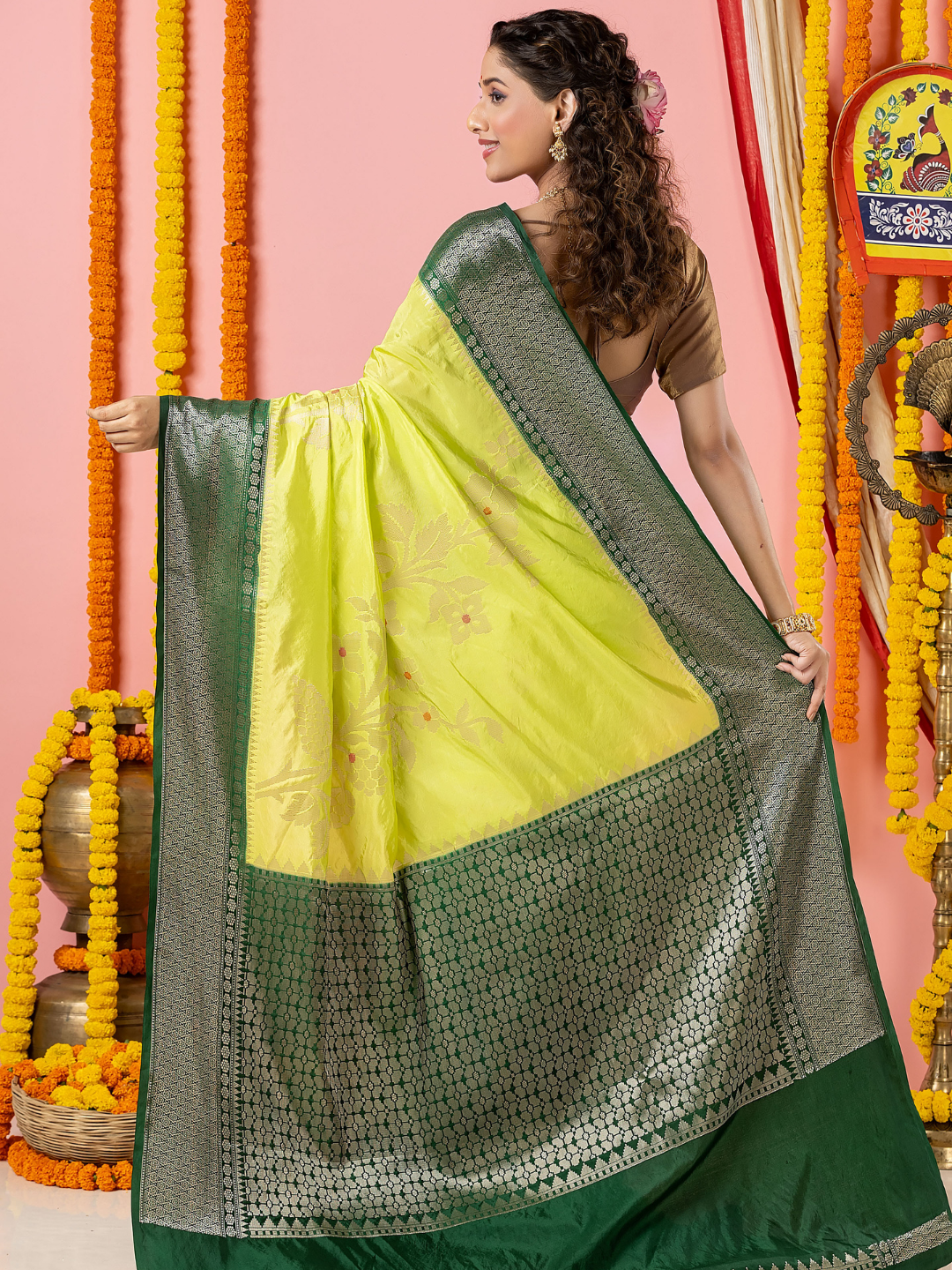 Classic Benarasi Semi Silk Saree | Lime Yellow