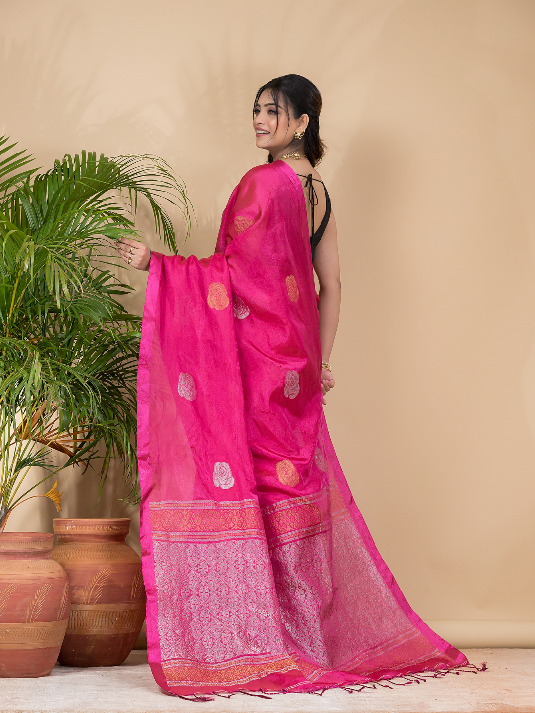Tissue Silk Saree With Shaded Deep Pink - 034