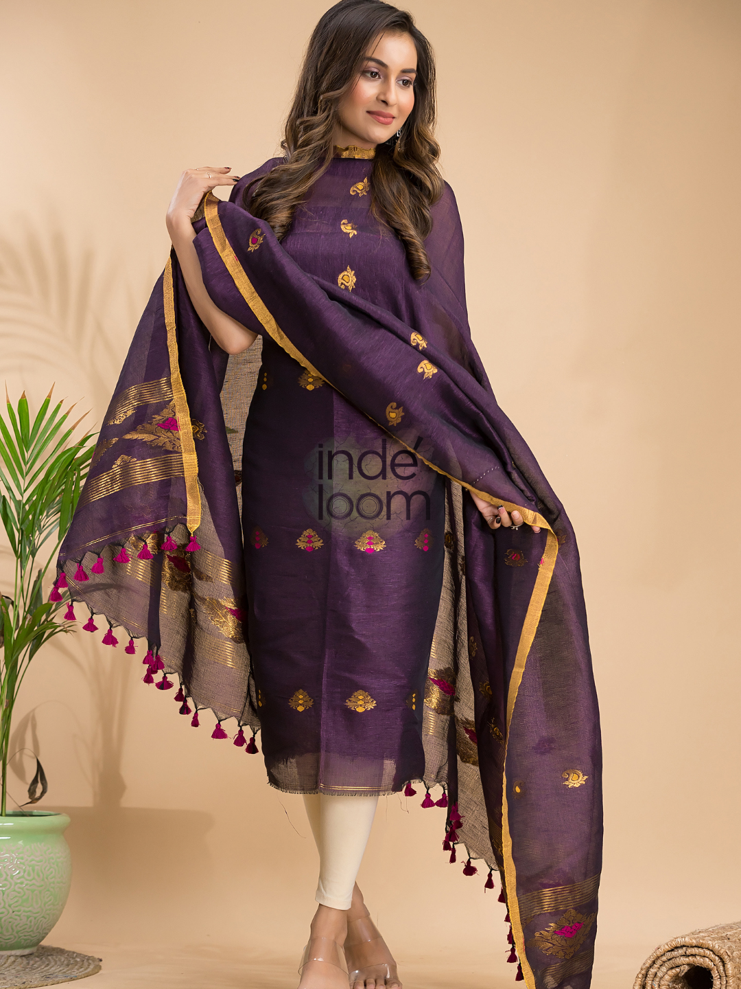 Midnight Purple Tissue Linen 2-Piece Set Kurti & Dupatta (UNSTITCHED) - 038