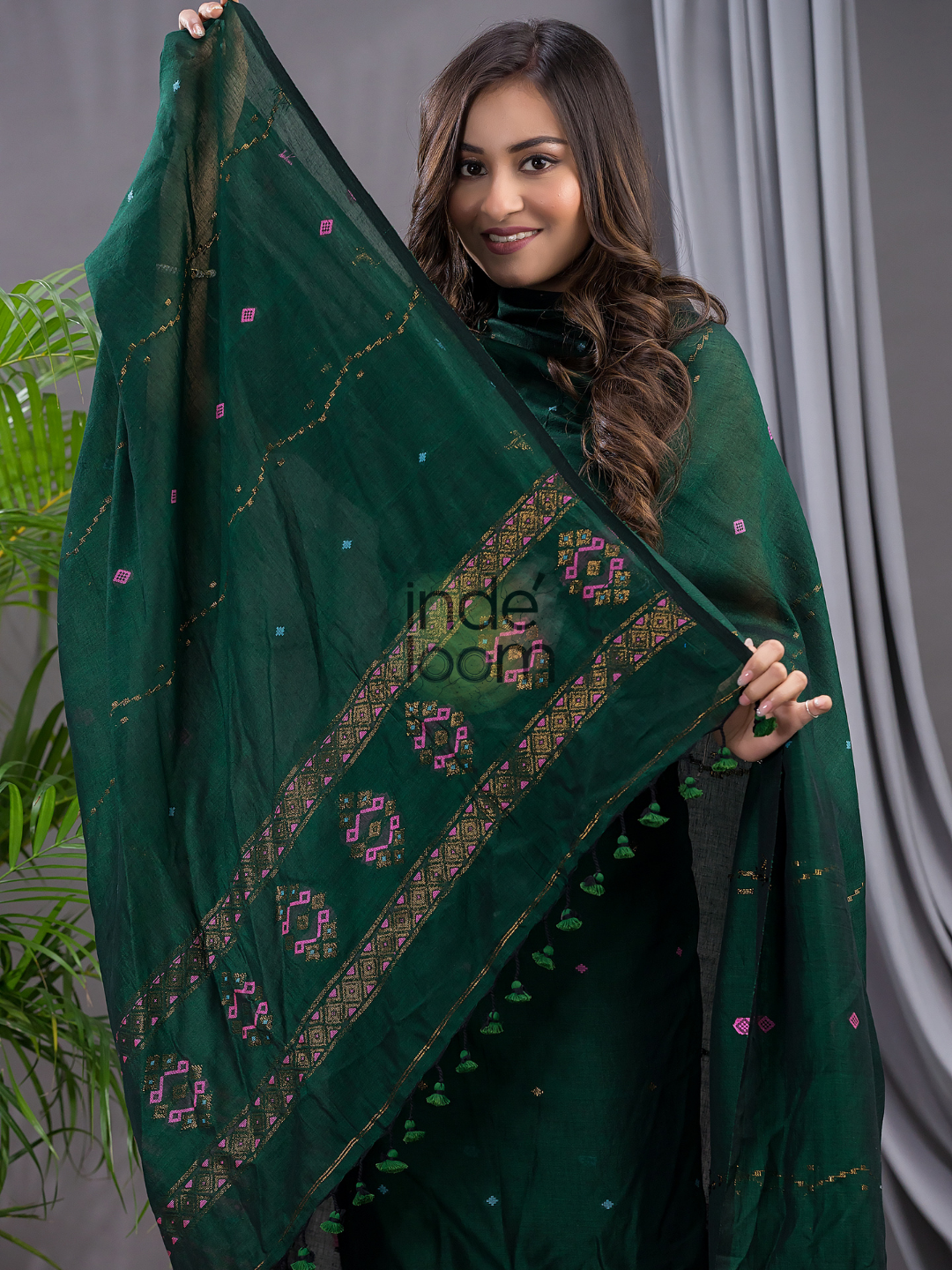 Dark Green 120 Count Cotton Jamdani 2-Piece Set Kurti & Dupatta (UNSTITCHED) - 138