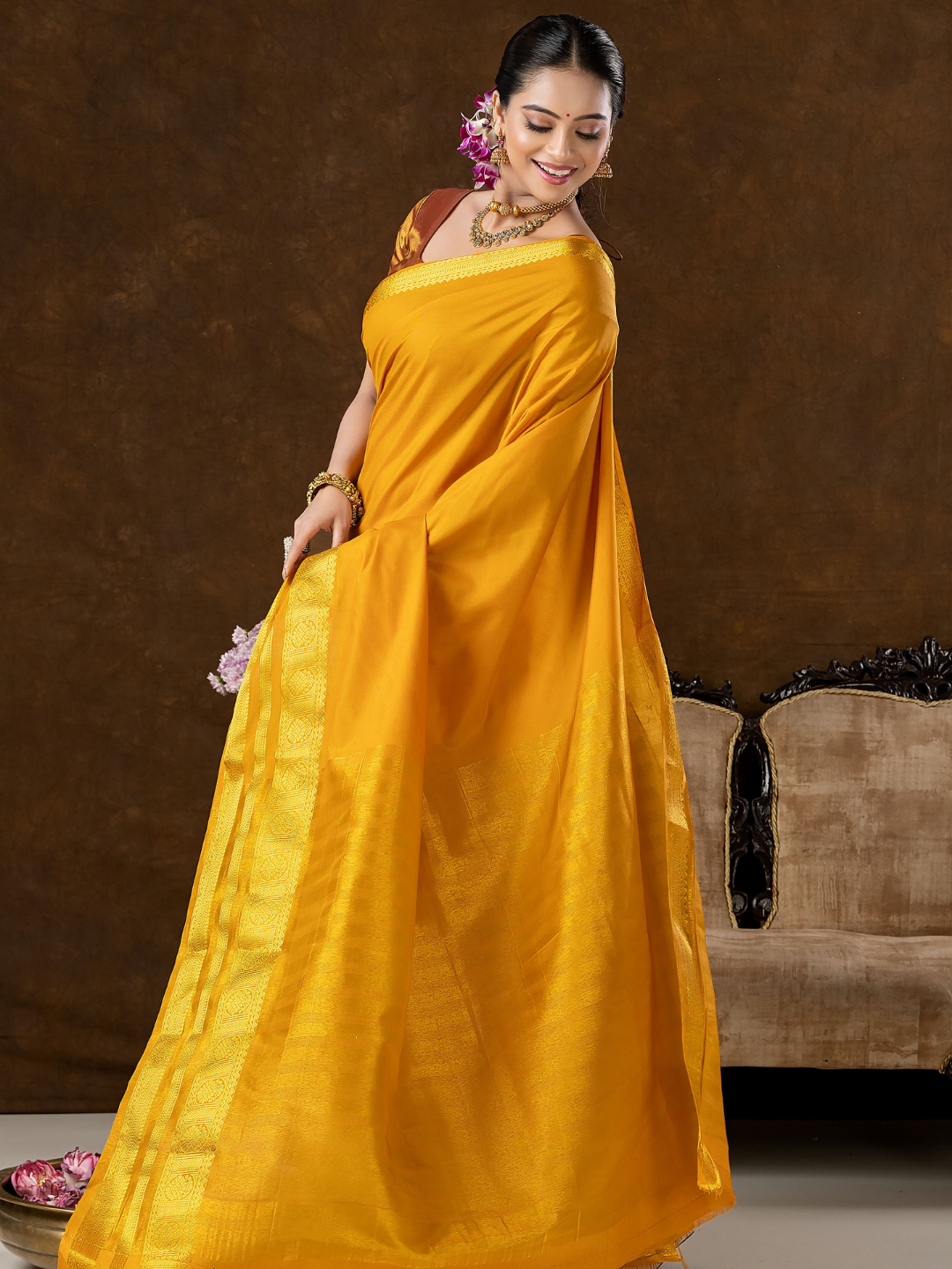 Classic Mysore Semi Silk Saree | Mustard Gold