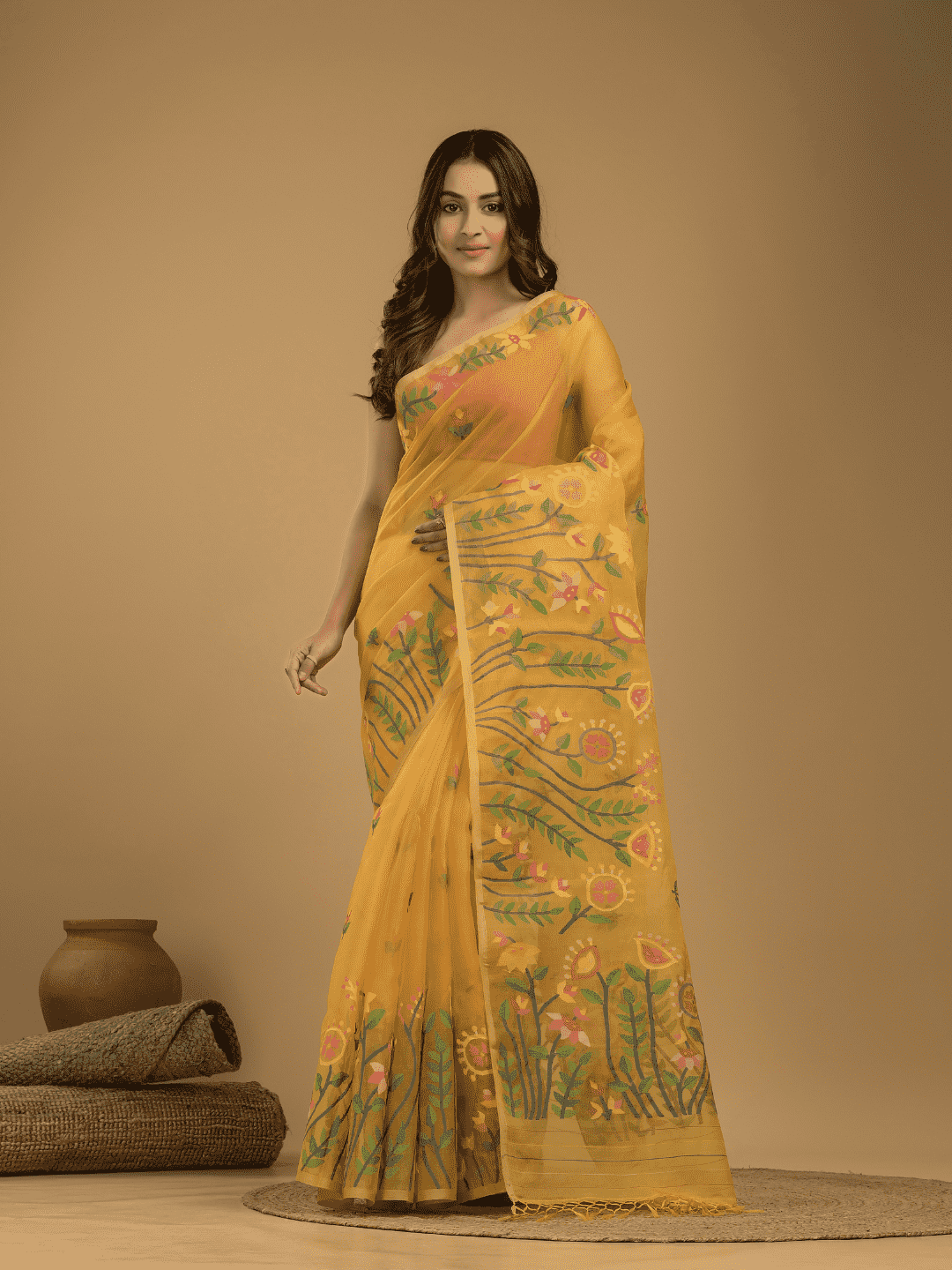 Jamdani Saree With Mustard Yellow - 04 - indeloom