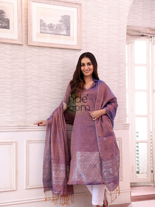 Lavender Purple Tissue Linen Silver Zari Jamdani 2-Piece Set Kurti & Dupatta (UNSTITCHED) - 305