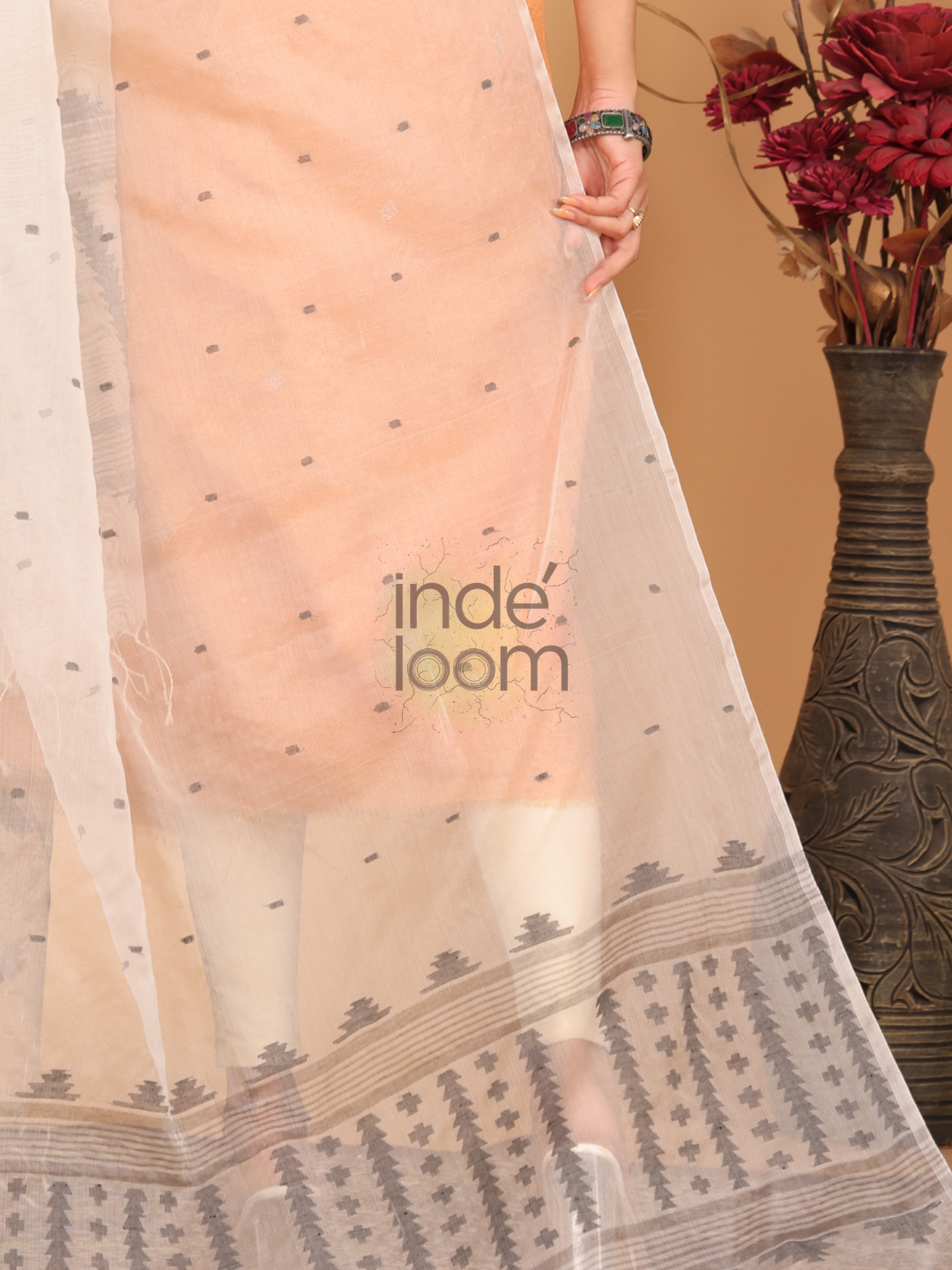 Pure HandloomMuslin Jamdani Dupatta With Cream White - 007