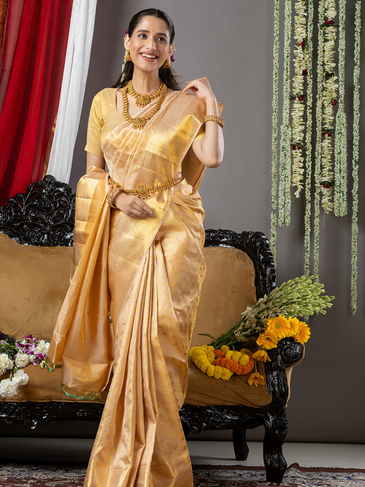 Handloom Kanjivaram Silk Saree | Champagne Gold