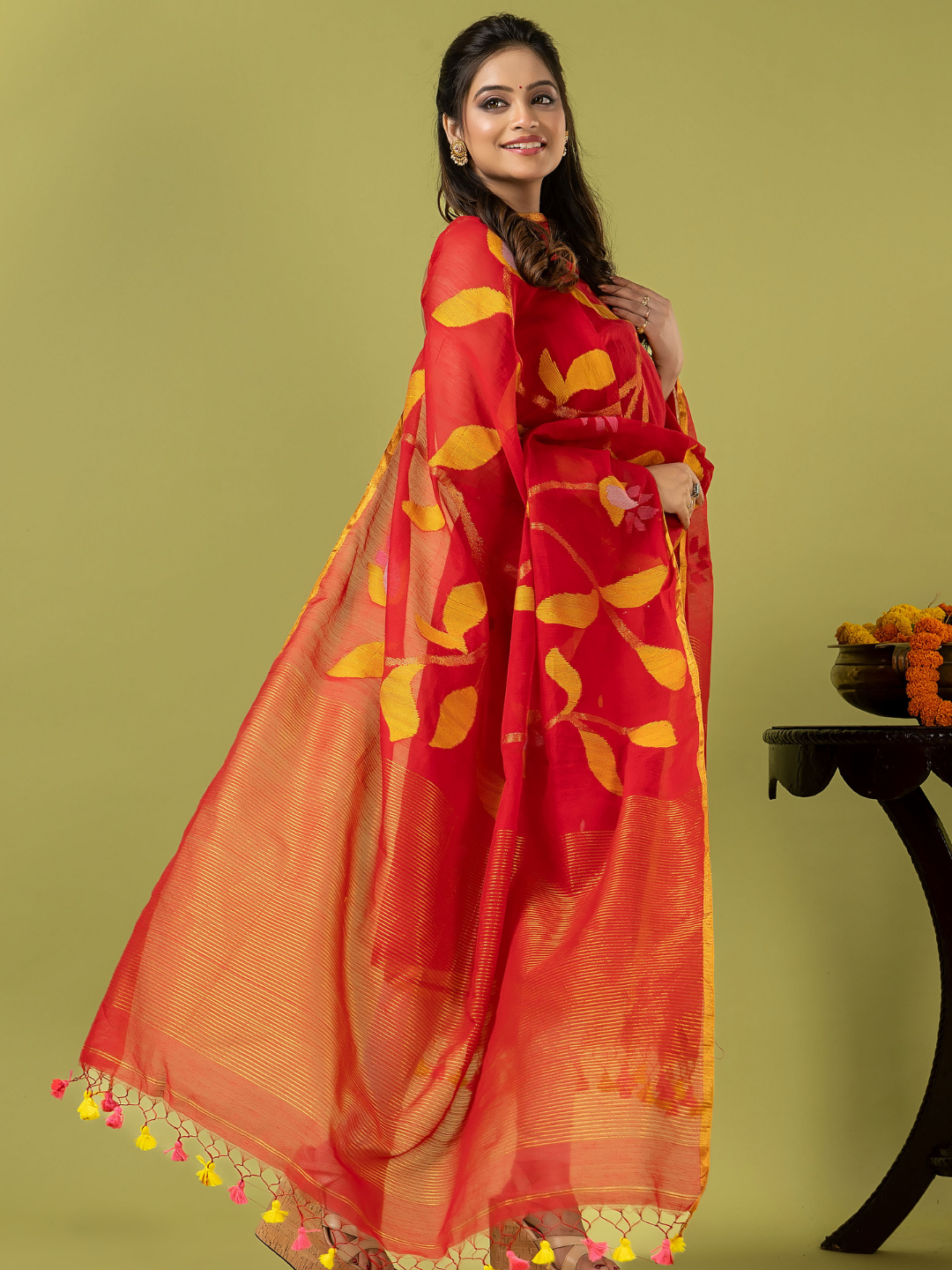 Handwoven Jamdani Silk Cotton Unstitched 2-piece Kurti | Vermilion Red