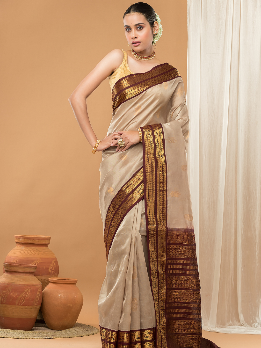 Pure Handloom Korvai Saree | Light Gold and Golden Dark Brown