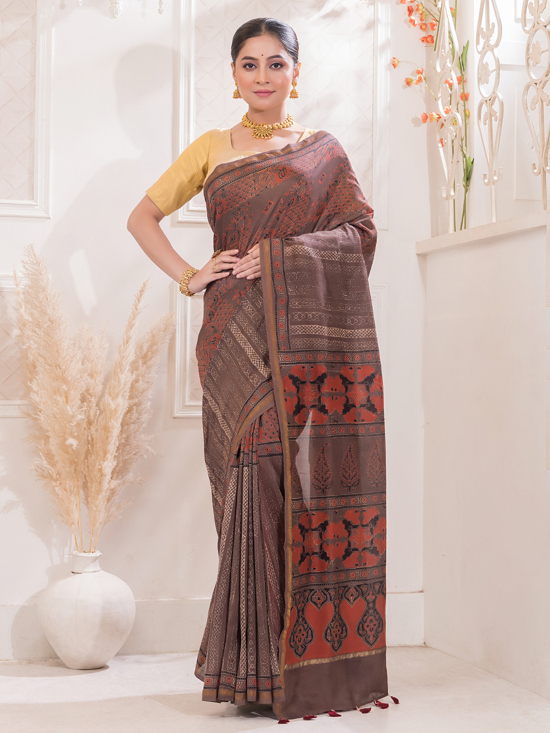 Ajrakh Exclusive Designer Modal Silk in Brick Red -049