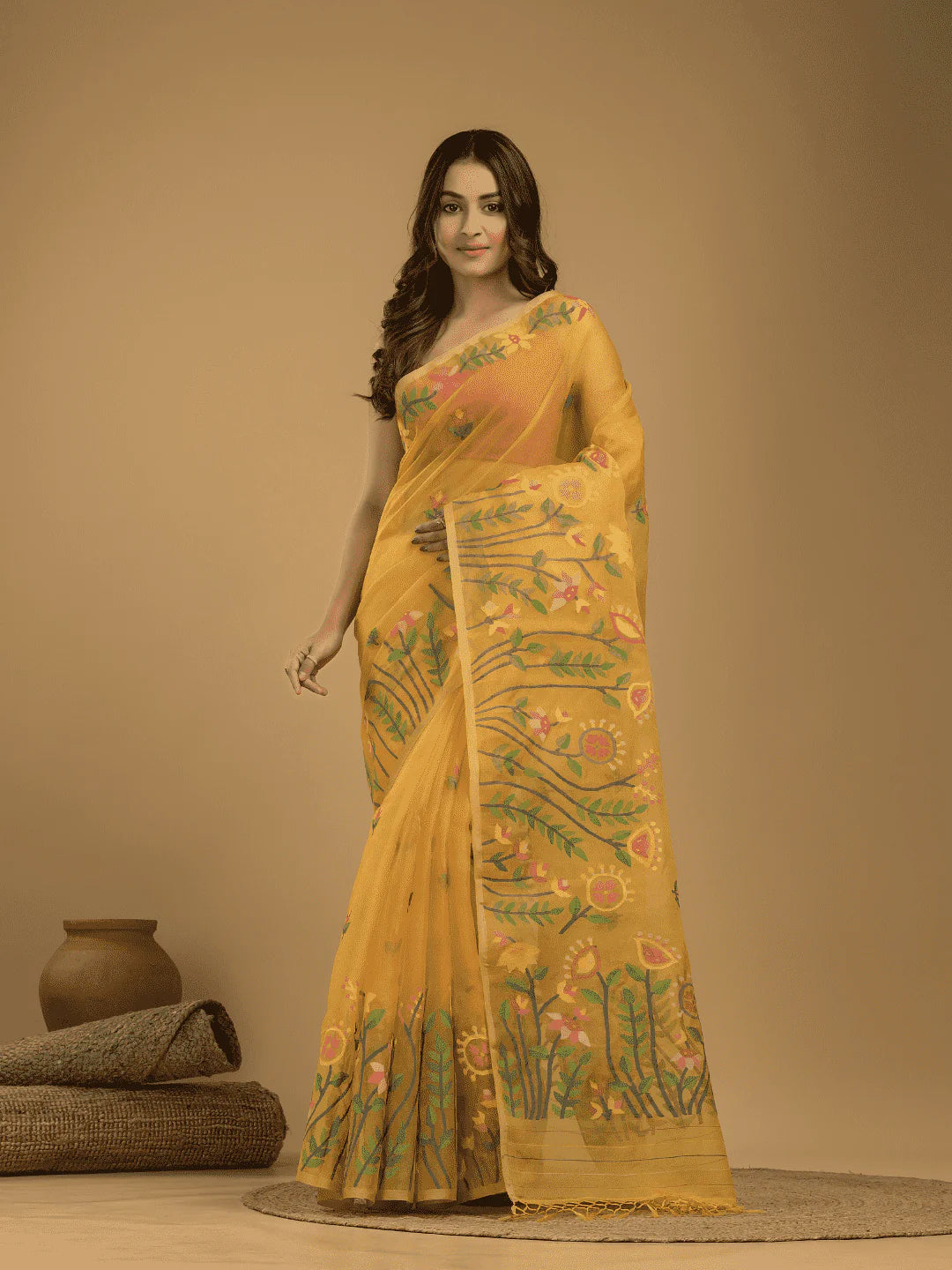 Handwoven Pure Jamdani Muslin Saree  |  Copper Orange