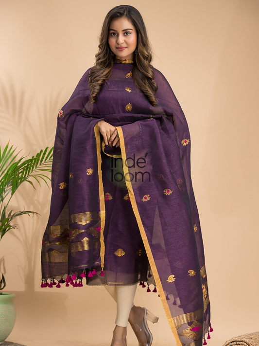 Handwoven Jamdani Linen Unstitched 2-piece Kurti  |  Plum Purple