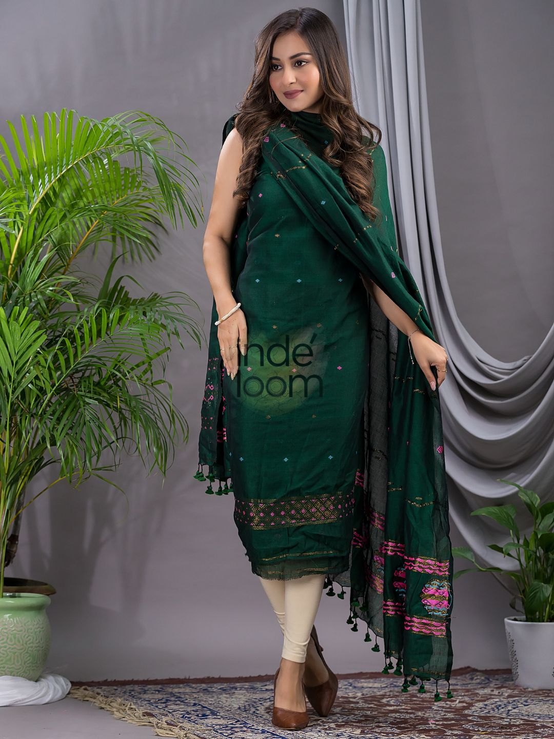 Dark Green 120 Count Cotton Jamdani 2-Piece Set Kurti & Dupatta (UNSTITCHED) - 138