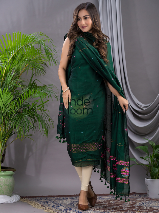 Dark Green 120 Count Cotton Jamdani 2-Piece Set Kurti & Dupatta (UNSTITCHED) - 138