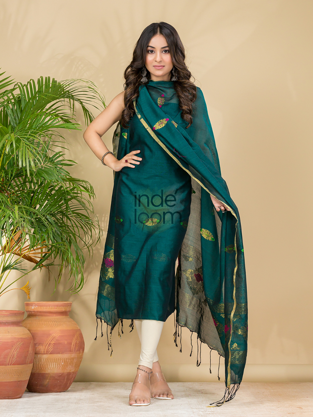 Teal Green Mercerised Cotton Meenakari Motif 2-Piece Kurti & Dupatta (UNSTITCHED)-873