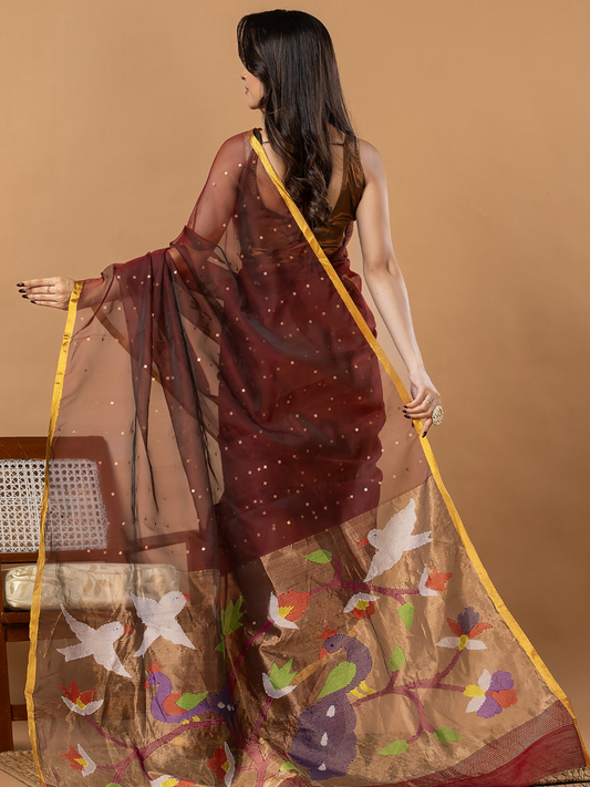 Handwoven Jamdani Muslin Saree | Coffee Brown