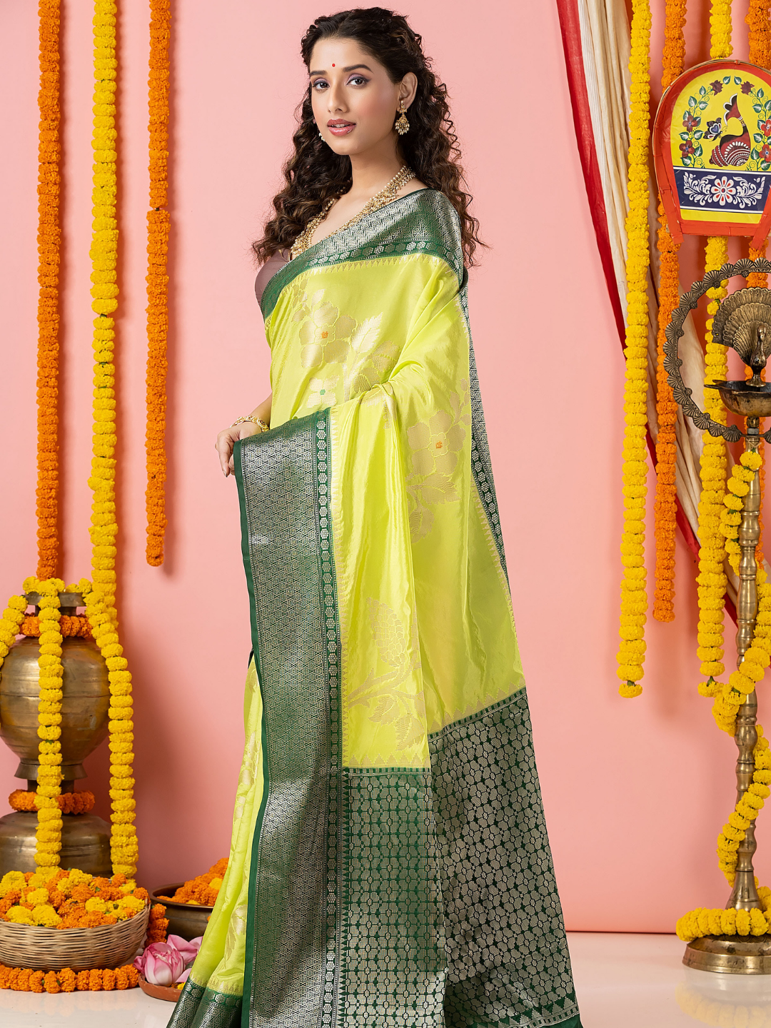 Classic Benarasi Semi Silk Saree | Lime Yellow