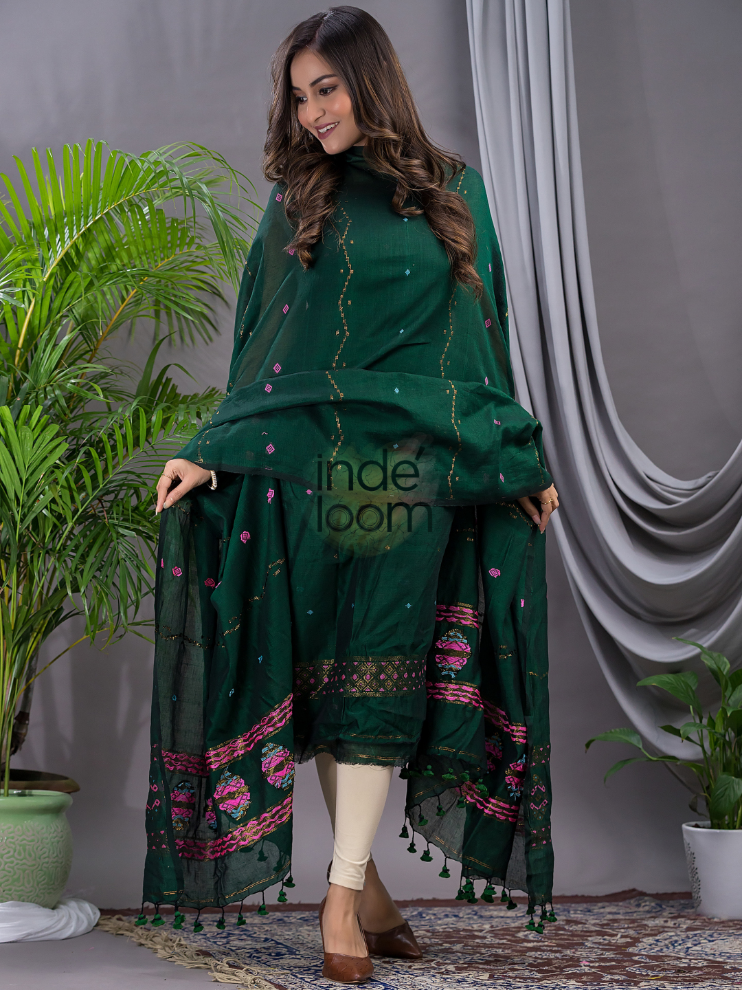 Dark Green 120 Count Cotton Jamdani 2-Piece Set Kurti & Dupatta (UNSTITCHED) - 138