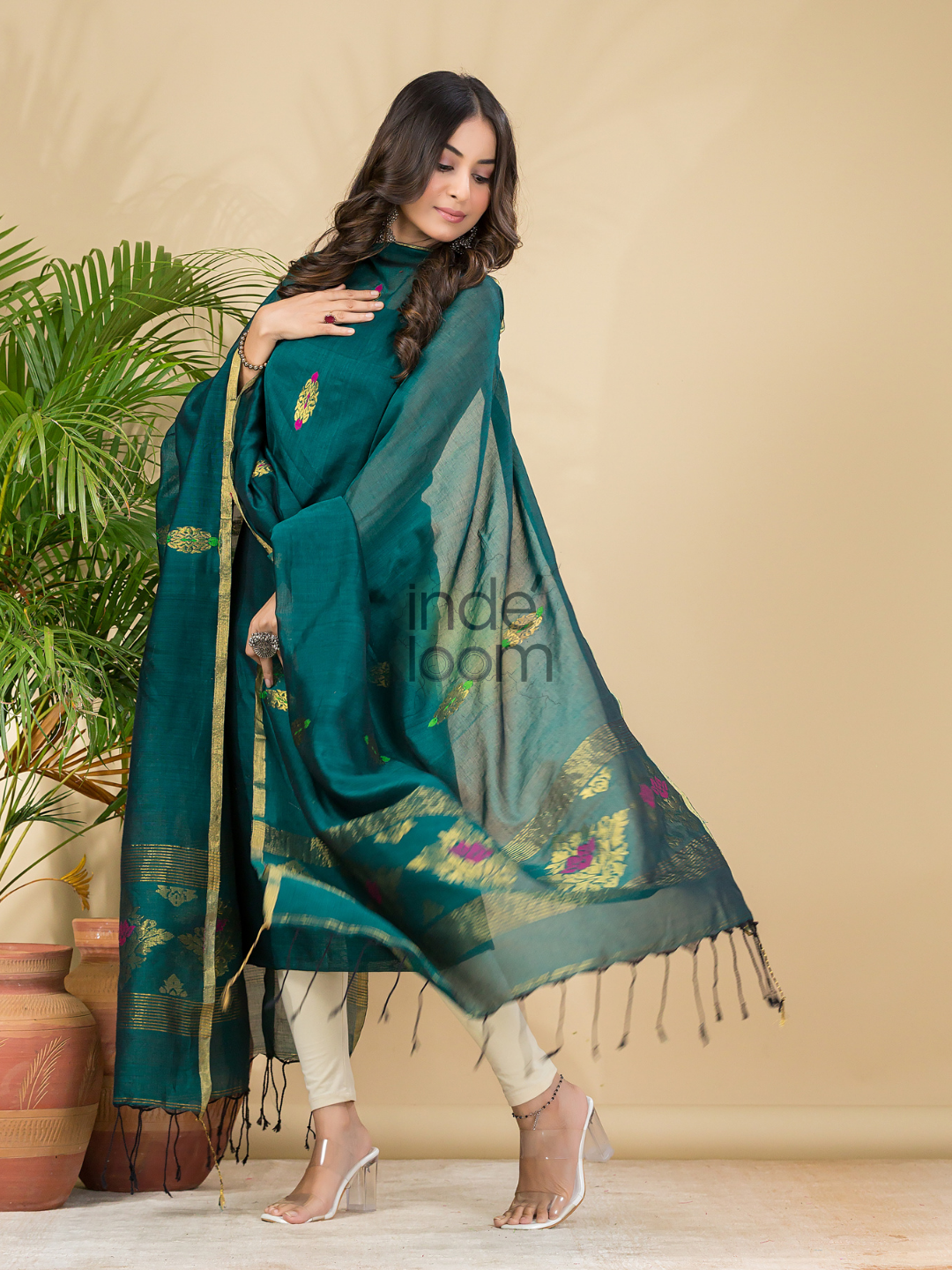 Teal Green Mercerised Cotton Meenakari Motif 2-Piece Kurti & Dupatta (UNSTITCHED)-873