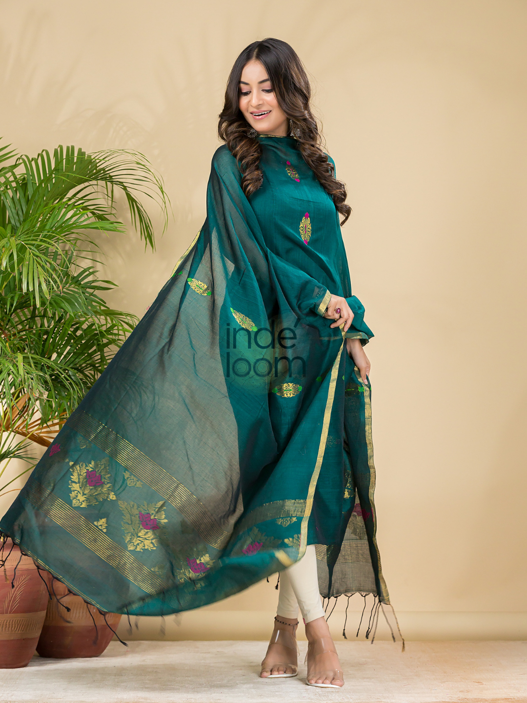 Teal Green Mercerised Cotton Meenakari Motif 2-Piece Kurti & Dupatta (UNSTITCHED)-873