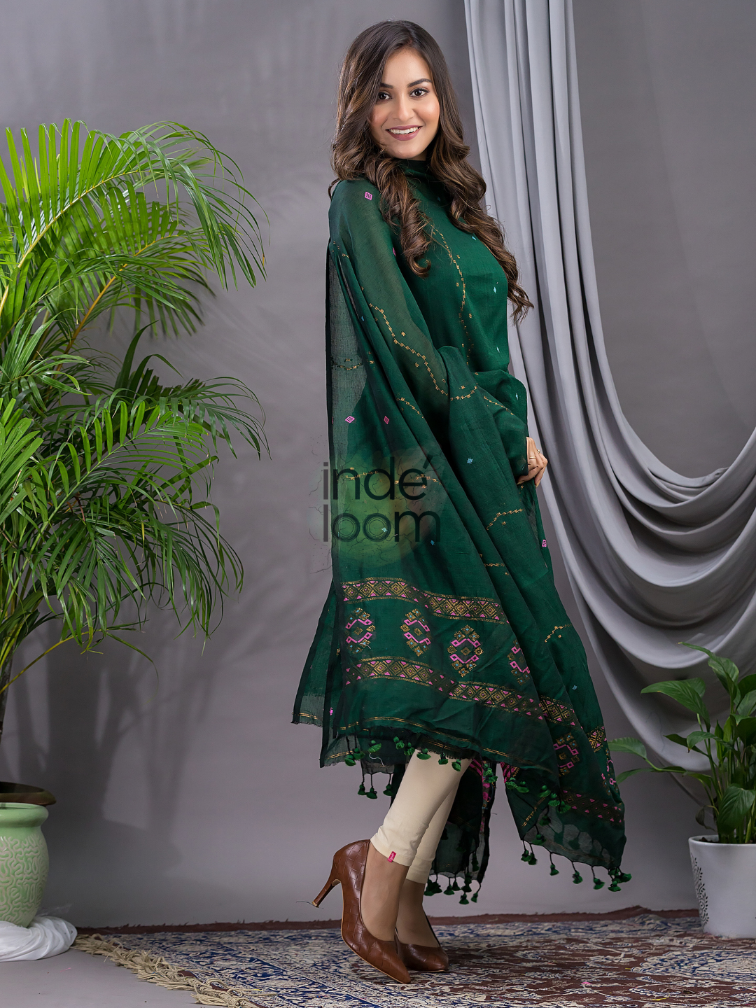 Dark Green 120 Count Cotton Jamdani 2-Piece Set Kurti & Dupatta (UNSTITCHED) - 138