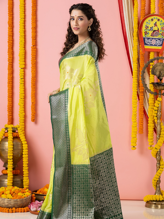Classic Benarasi Semi Silk Saree | Lime Yellow
