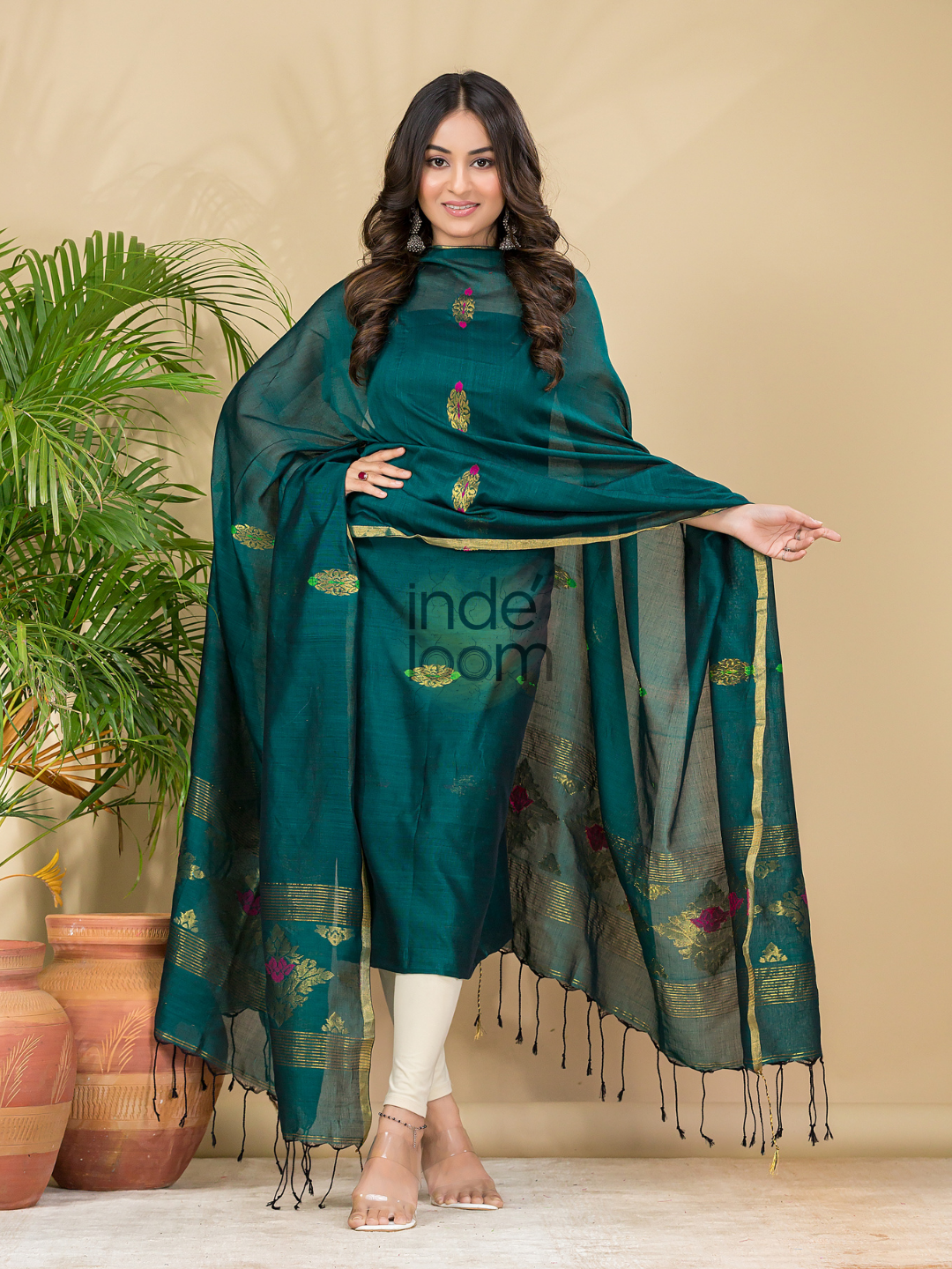 Teal Green Mercerised Cotton Meenakari Motif 2-Piece Kurti & Dupatta (UNSTITCHED)-873