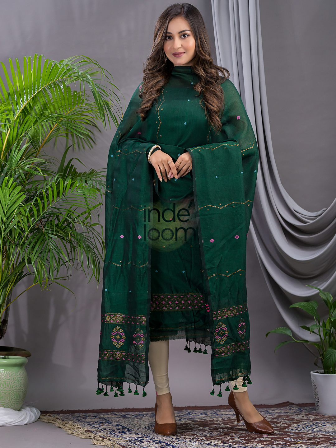Dark Green 120 Count Cotton Jamdani 2-Piece Set Kurti & Dupatta (UNSTITCHED) - 138
