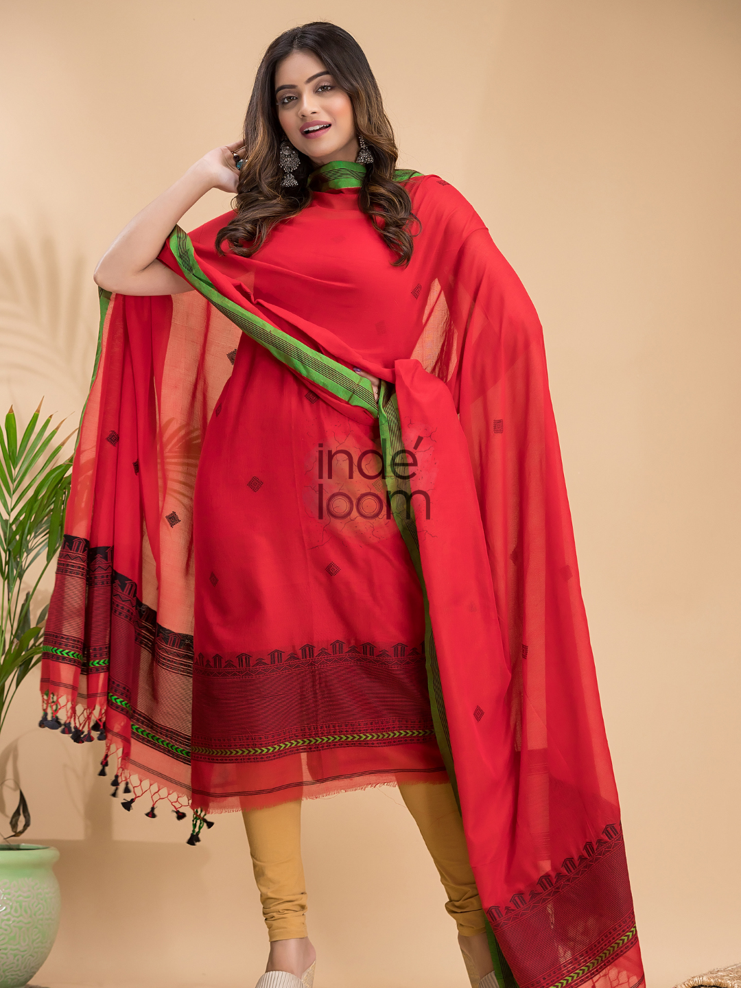 Passion Red Mercerized Cotton 2-Piece Set Kurti & Dupatta (UNSTITCHED) - 039