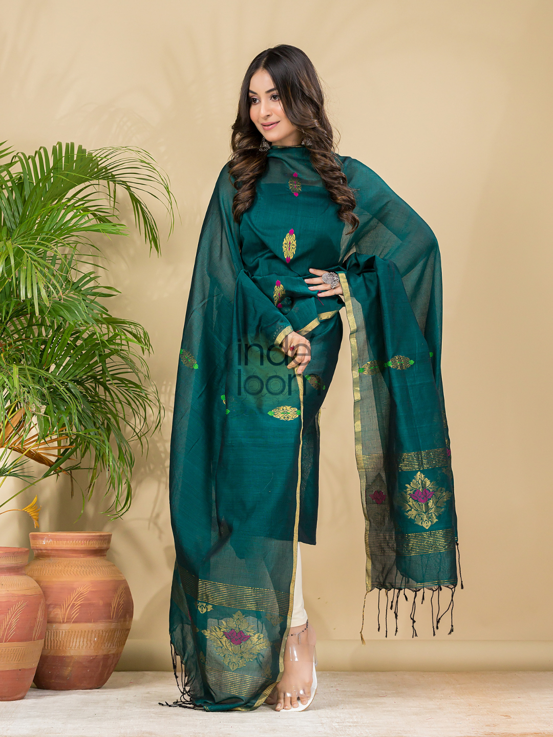 Teal Green Mercerised Cotton Meenakari Motif 2-Piece Kurti & Dupatta (UNSTITCHED)-873