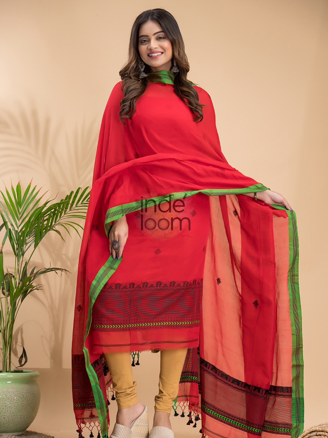 Passion Red Mercerized Cotton 2-Piece Set Kurti & Dupatta (UNSTITCHED) - 039