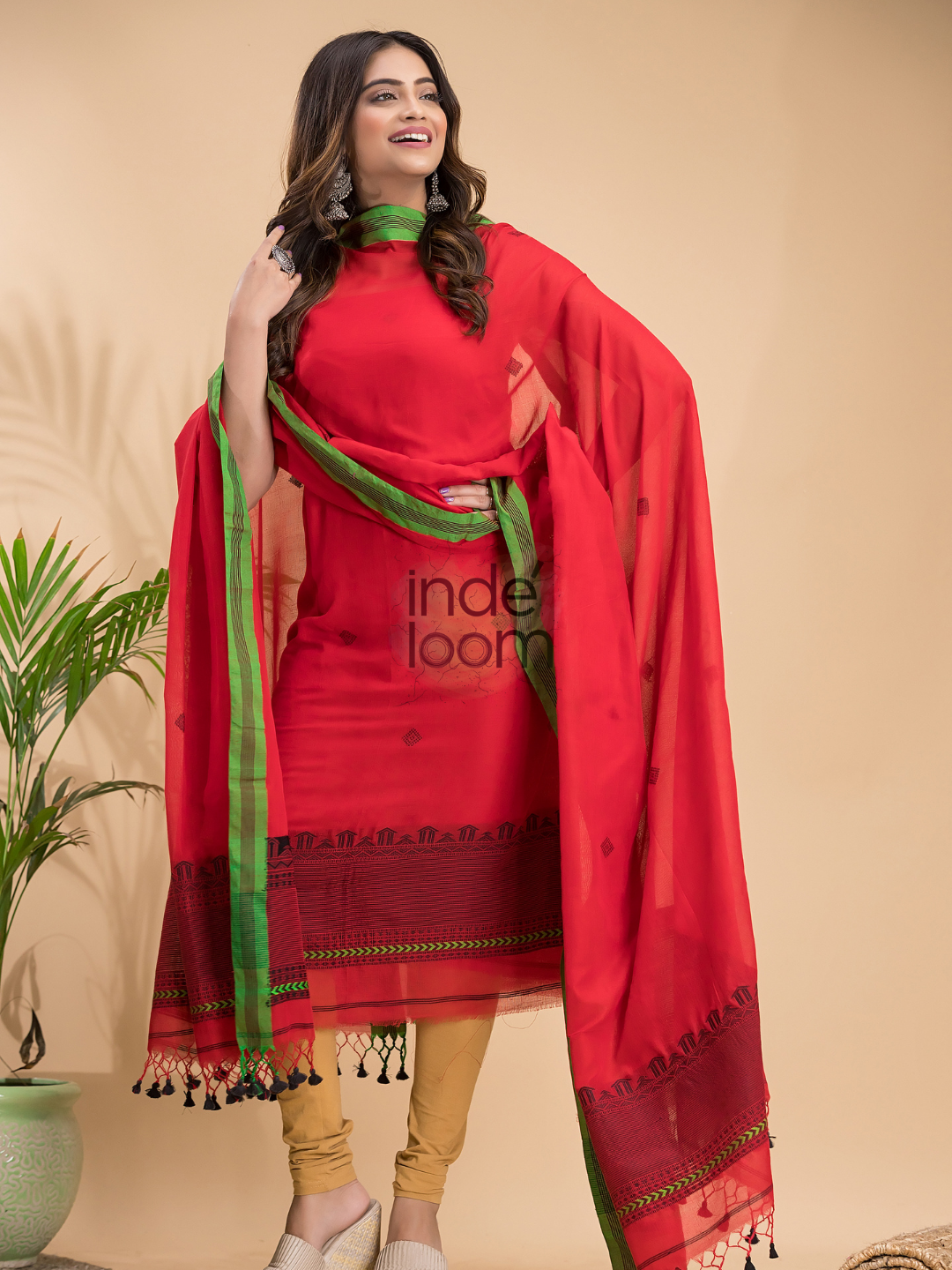 Passion Red Mercerized Cotton 2-Piece Set Kurti & Dupatta (UNSTITCHED) - 039