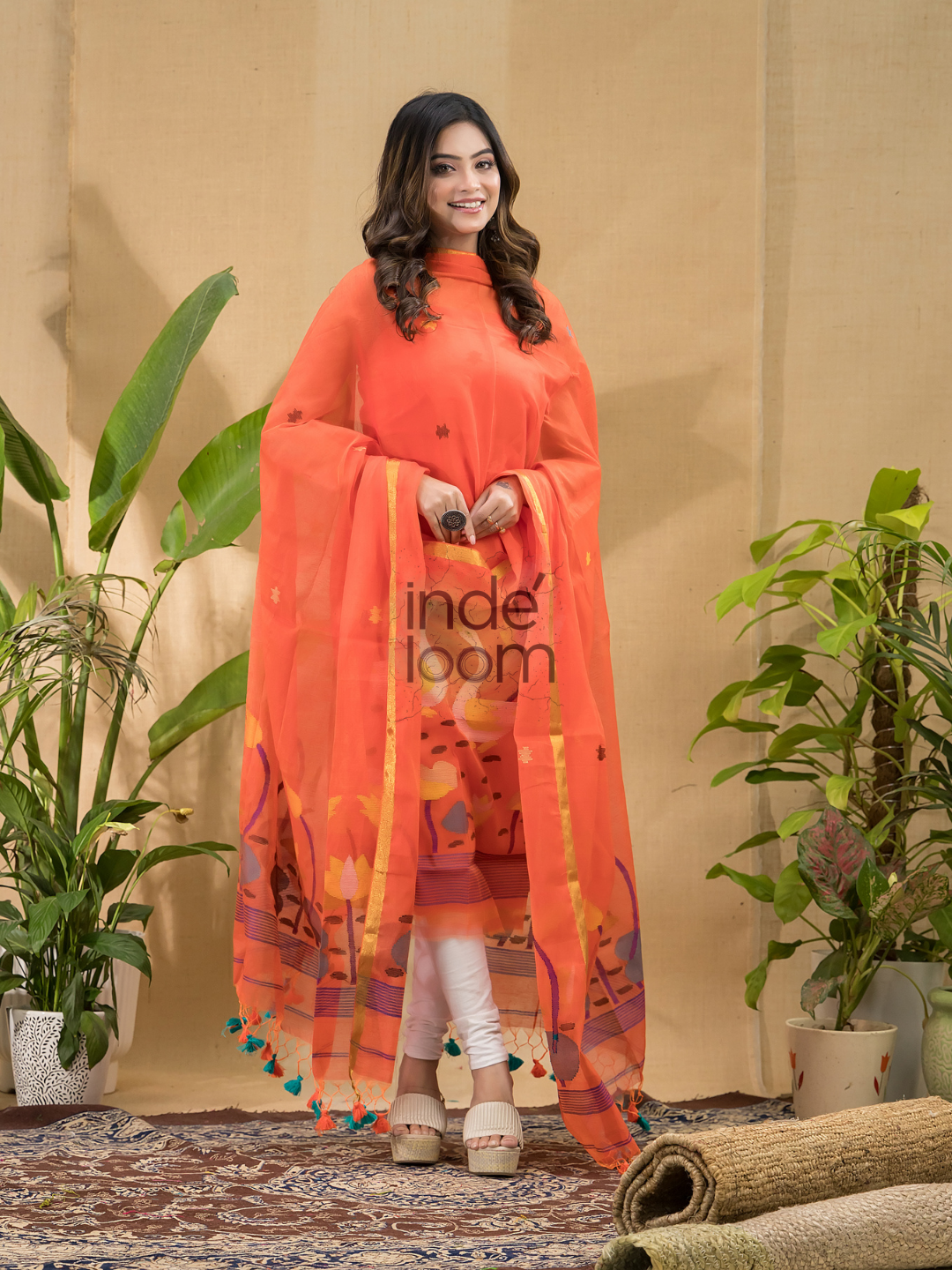 Pumpkin Orange Jamdani 2-Piece Set Kurti & Dupatta (UNSTITCHED) -754