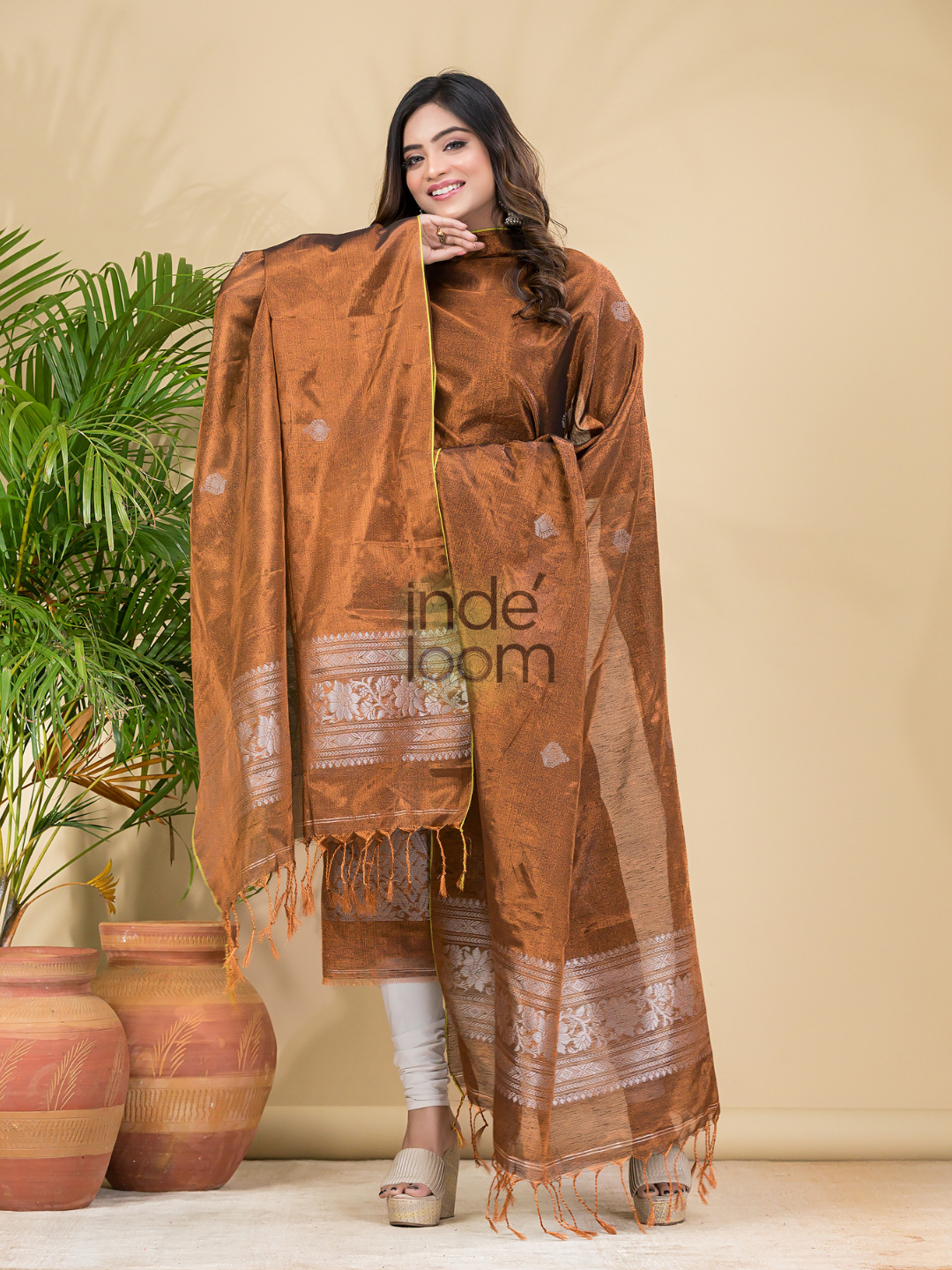 Peanut Brown Tissue Linen Silver Zari Jamdani 2-Piece Set Kurti & Dupatta (UNSTITCHED) - 885