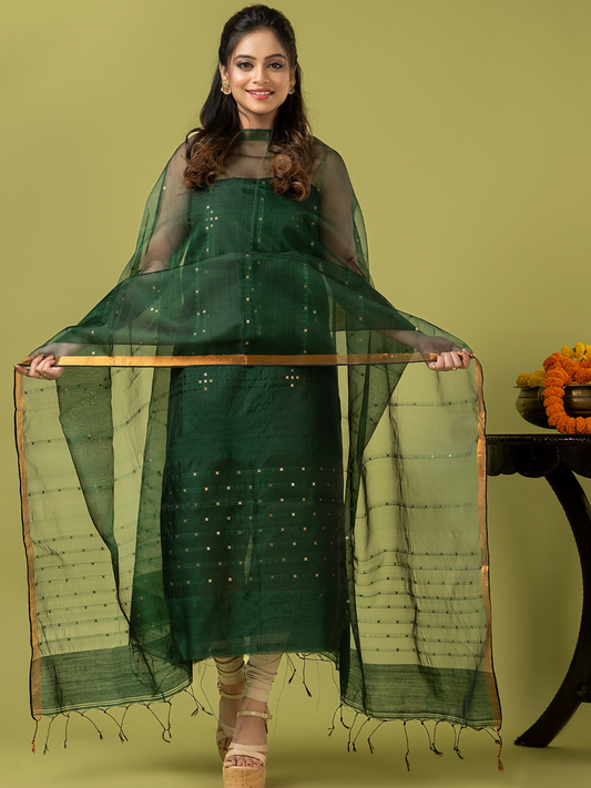 Handwoven Jamdani Muslin Unstitched 2-piece Kurti | Bottle Green
